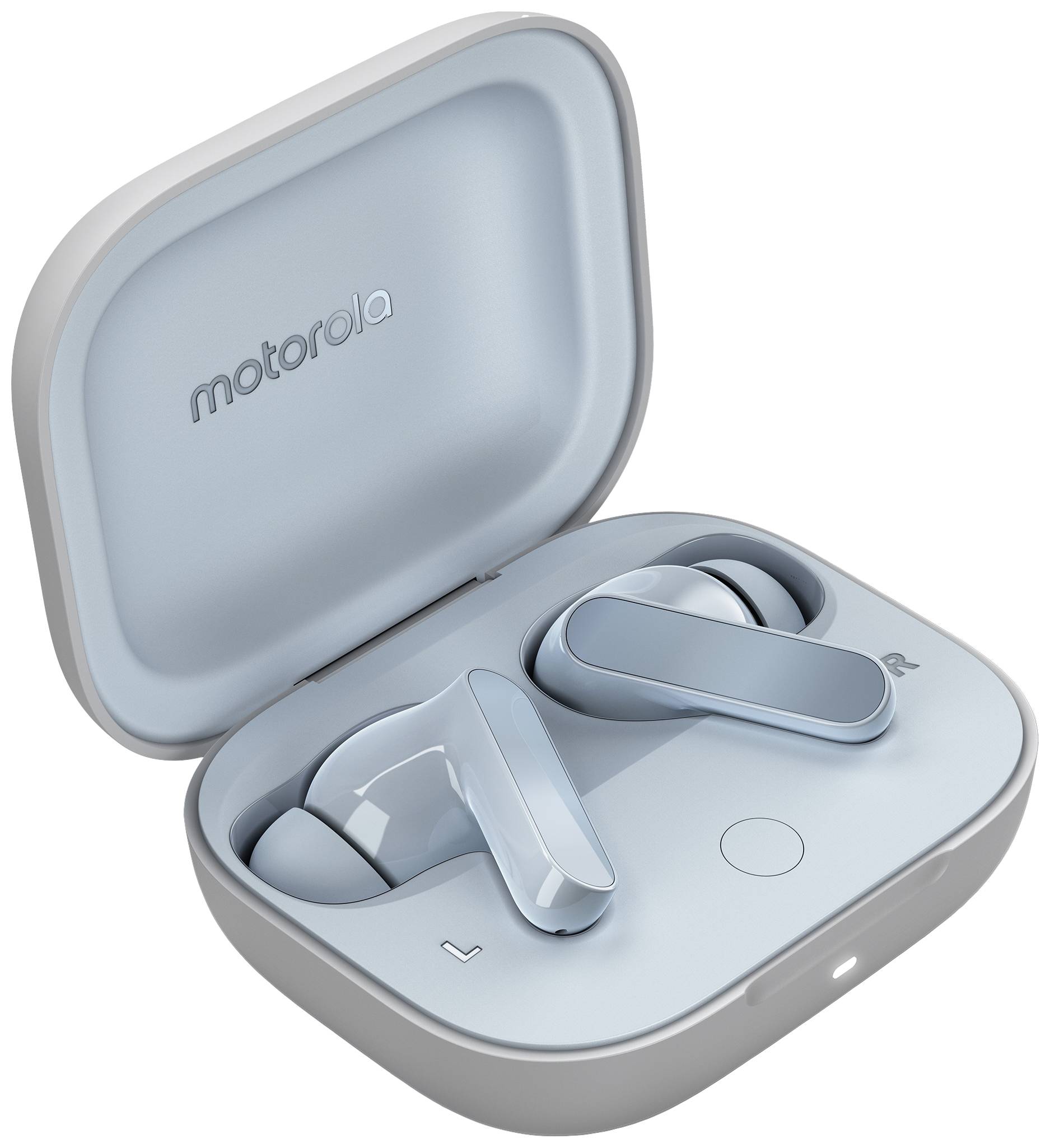 Auricolari wireless blu chiaro di Motorola in un custodia di ricarica aperta.