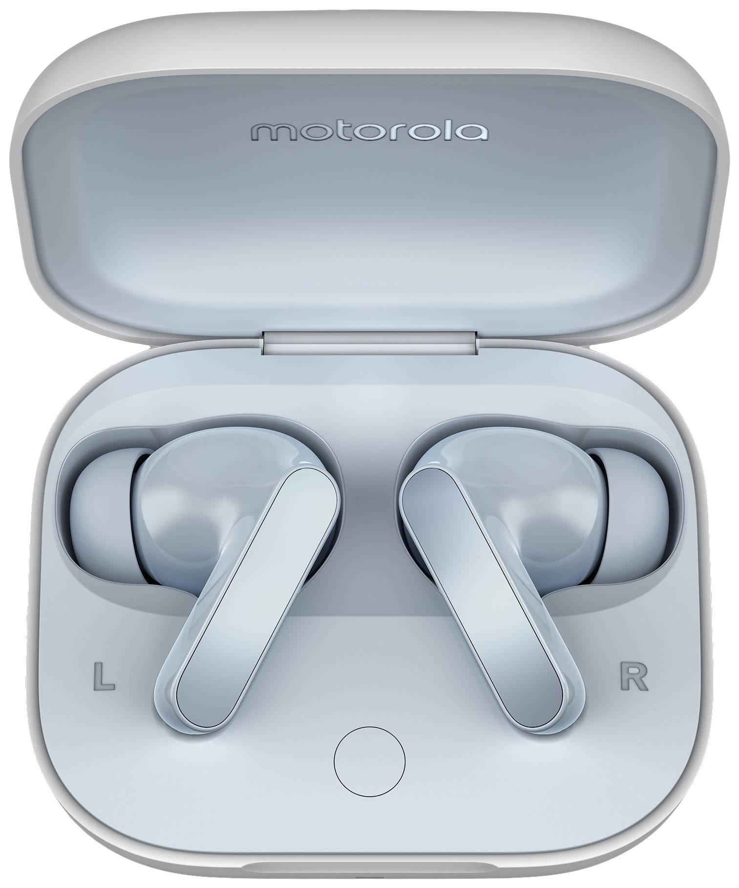 Cuffie in-ear wireless in custodia di ricarica blu chiaro con scritta 'motorola', che mostrano gli auricolari sinistro (L) e destro (R).