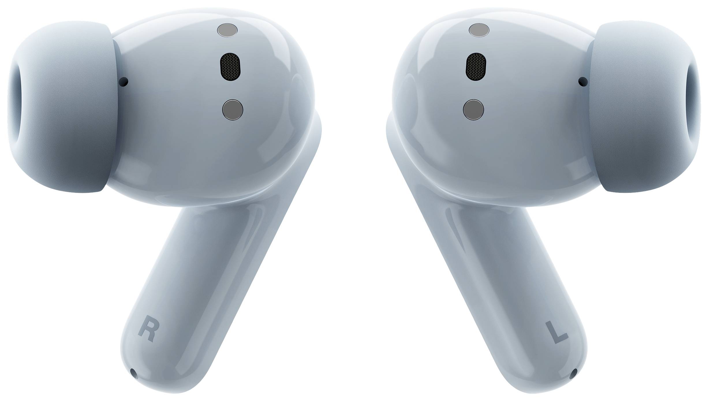 Due auricolari wireless blu-grigi con le lettere 'L' e 'R' per identificare il lato sinistro e destro, raffigurati isolatamente.