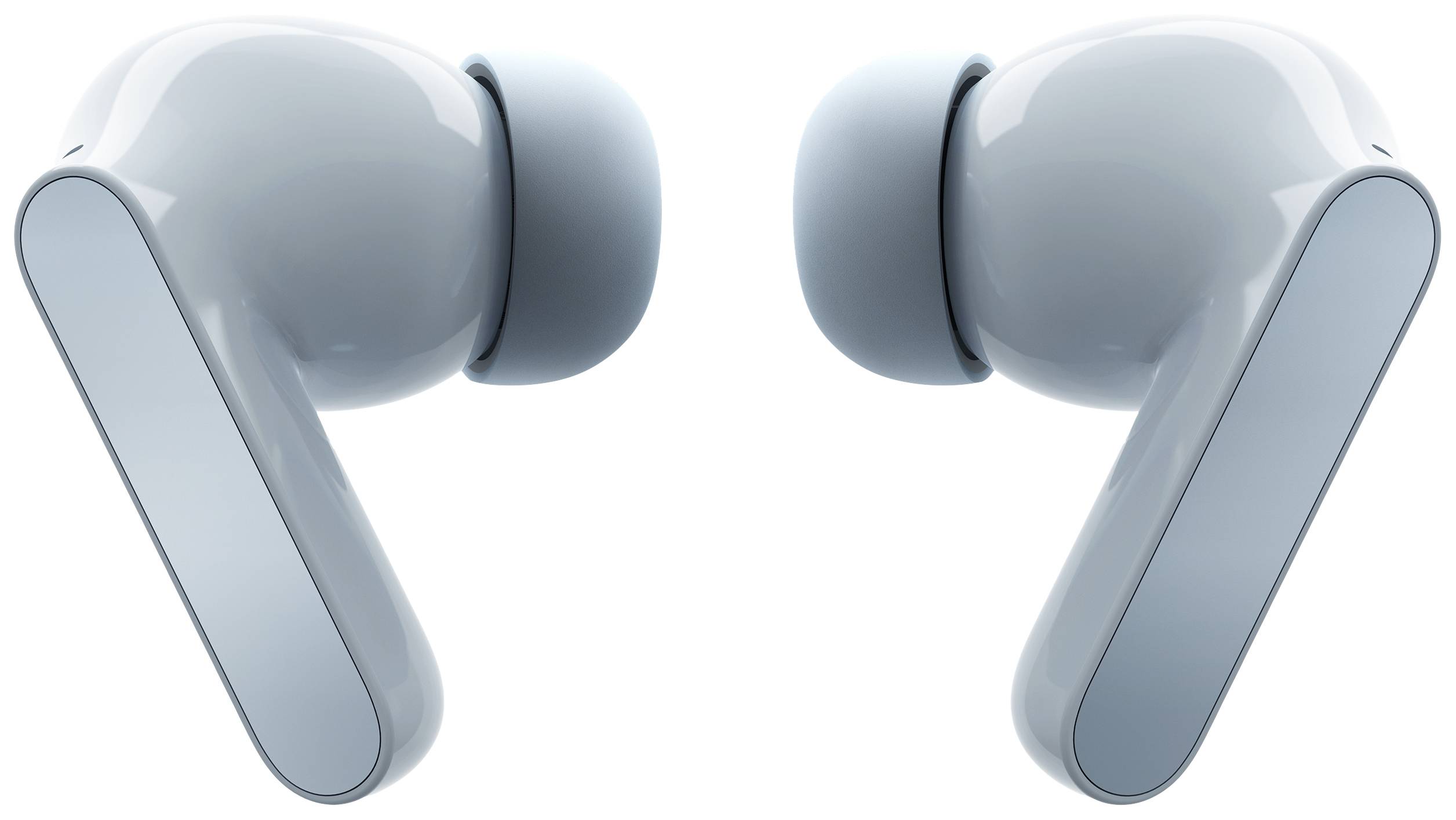 Due auricolari wireless bianchi, posizionati uno di fronte all'altro, mostrano un design moderno e minimalista.