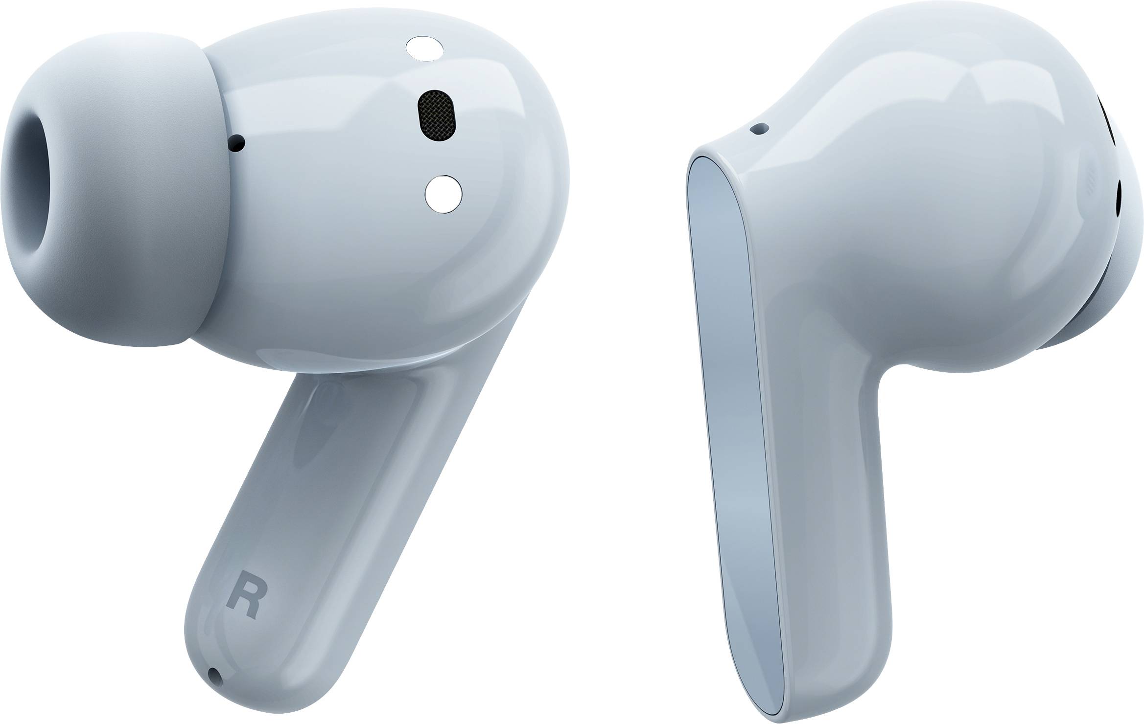 Cuffie in-ear wireless blu con design curvo, ciascuna con un piccolo indicatore L e R per sinistra e destra.