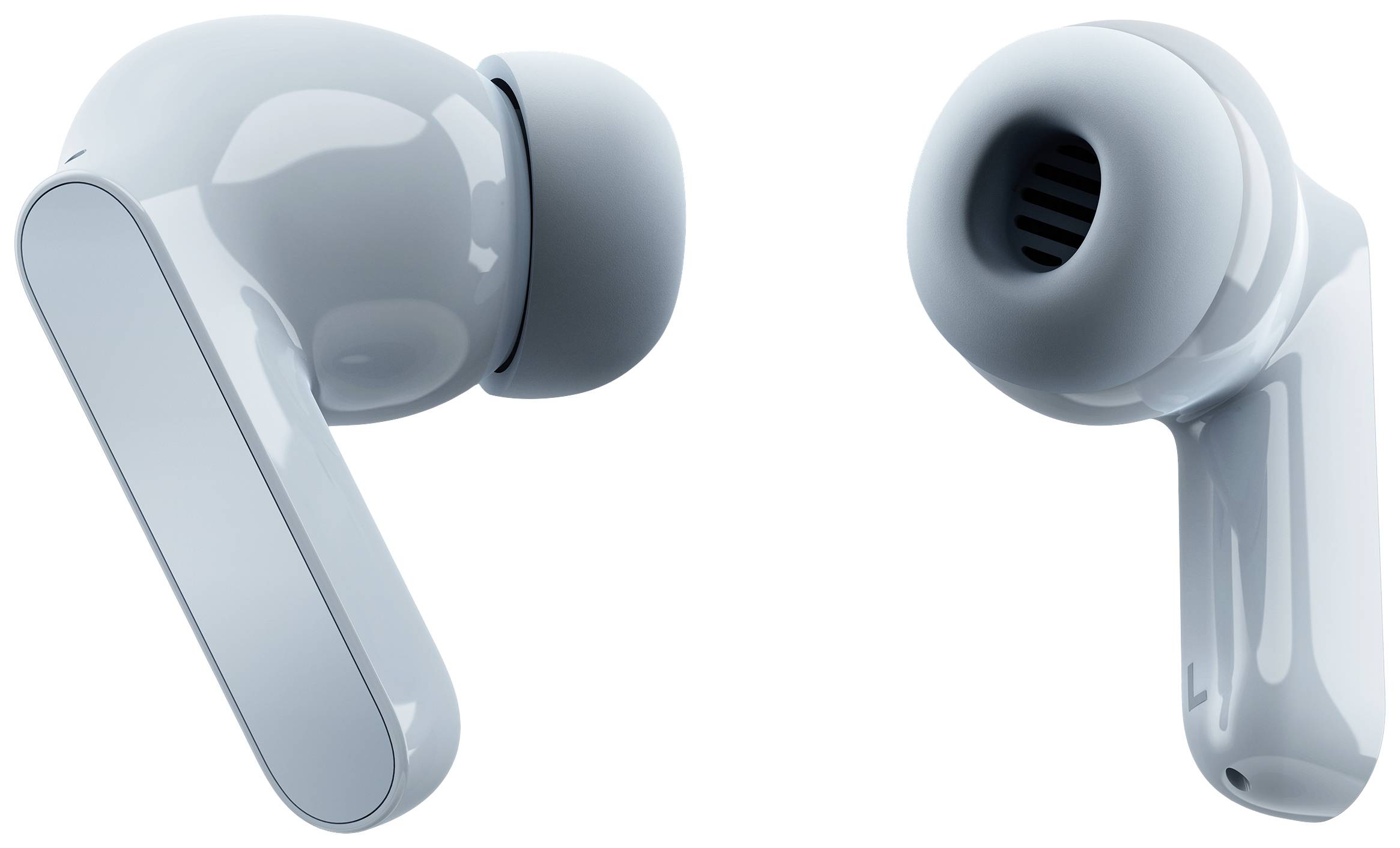 Due auricolari wireless in primo piano, uno a lato sinistro e l'altro visto da dietro, lucidi e grigi, con un design moderno.