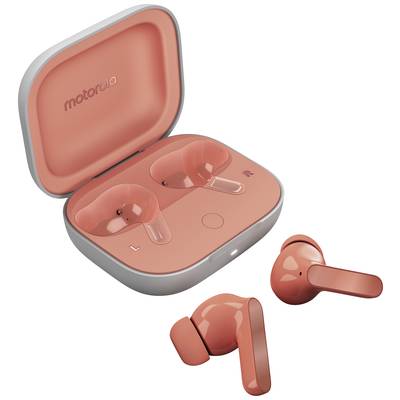 Auricolari Bluetooth wireless color pesca con custodia di ricarica, aperti. Lato sinistro e destro contrassegnati. Due auricolari posizionati fuori dalla custodia.