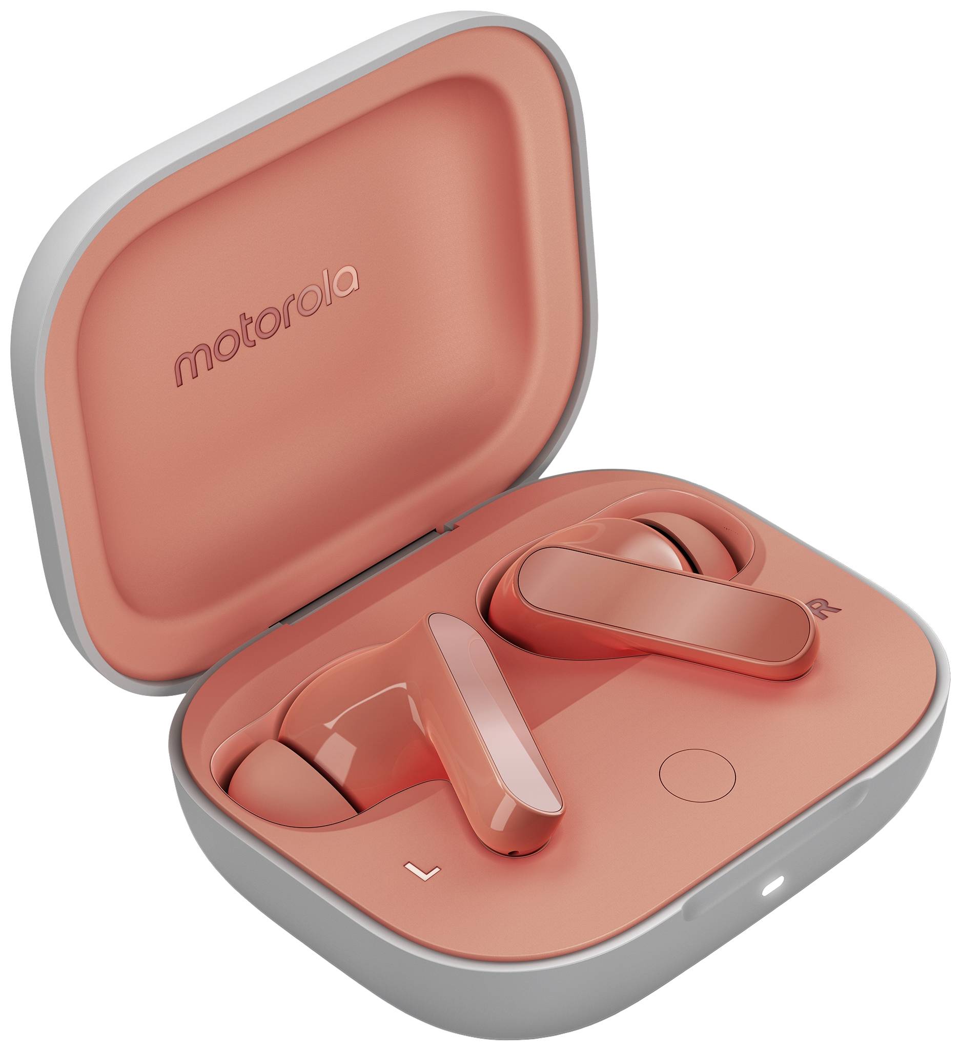 Auricolari wireless arancioni Motorola in custodia di ricarica aperta, su sfondo grigio.