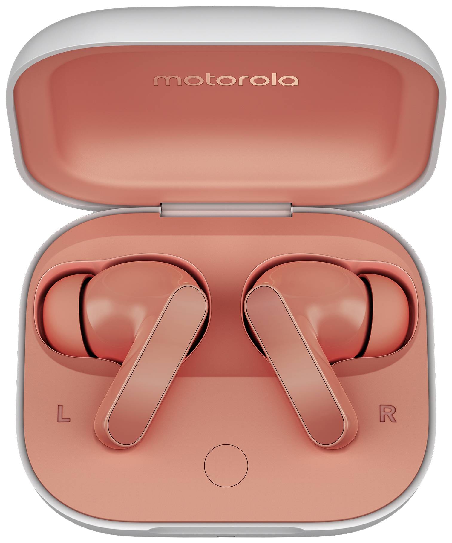 Auricolari wireless arancioni di Motorola in un apposito case di ricarica, contrassegnati con le lettere 'L' e 'R' per indicare il lato sinistro e destro.