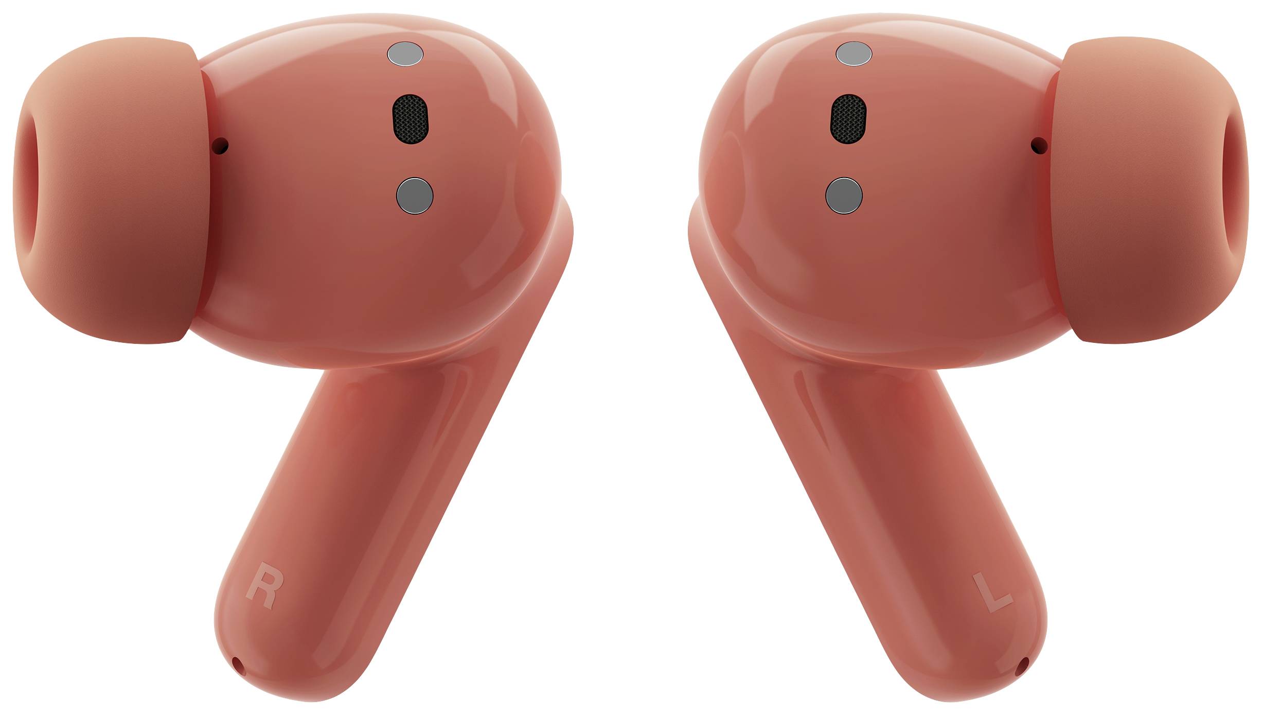 Due auricolari wireless rossi con gommini in silicone, contrassegnati con 'R' per il destro e 'L' per il sinistro.