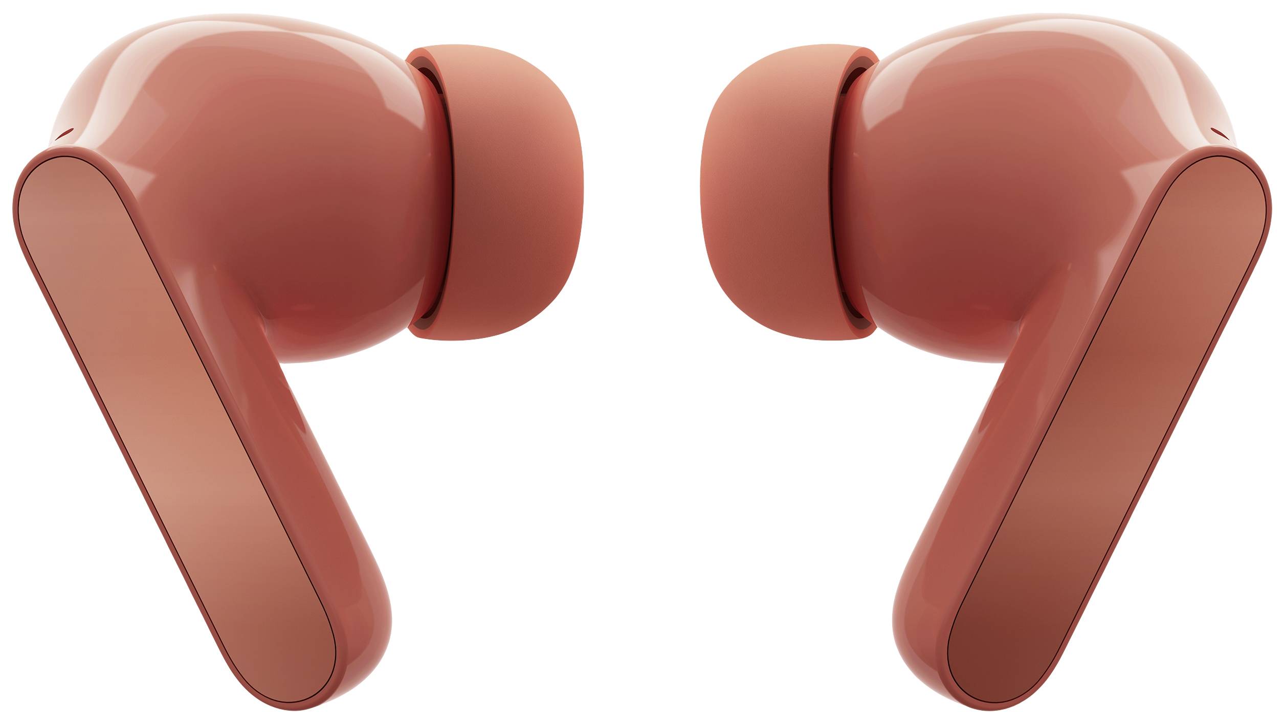 Auricolari in-ear rossi senza fili con superficie liscia e estremità arrotondate, raffigurati su sfondo bianco.