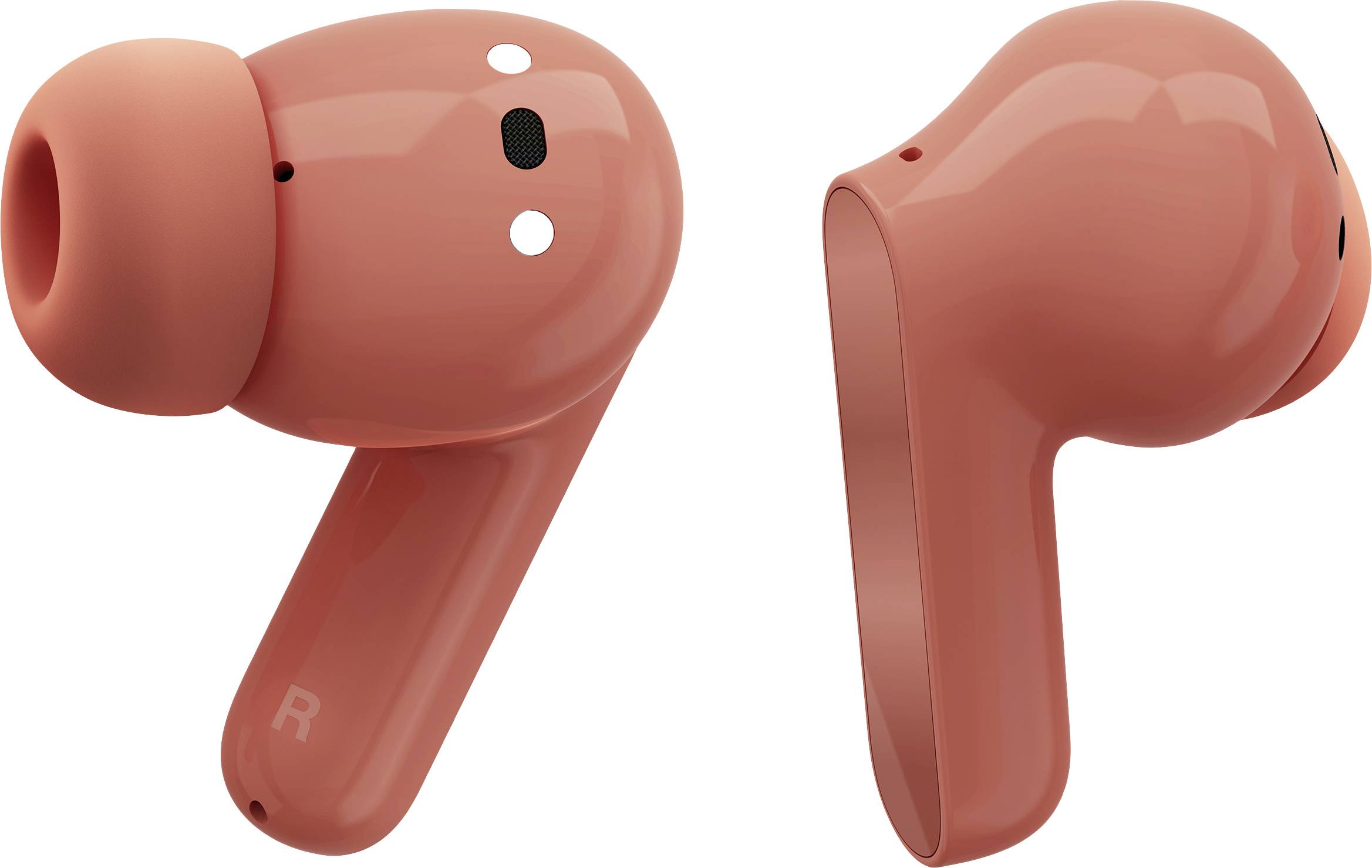 Due auricolari wireless ovali di colore corallo. Uno mostra il lato anteriore, l'altro il lato. Hanno piccole aperture.