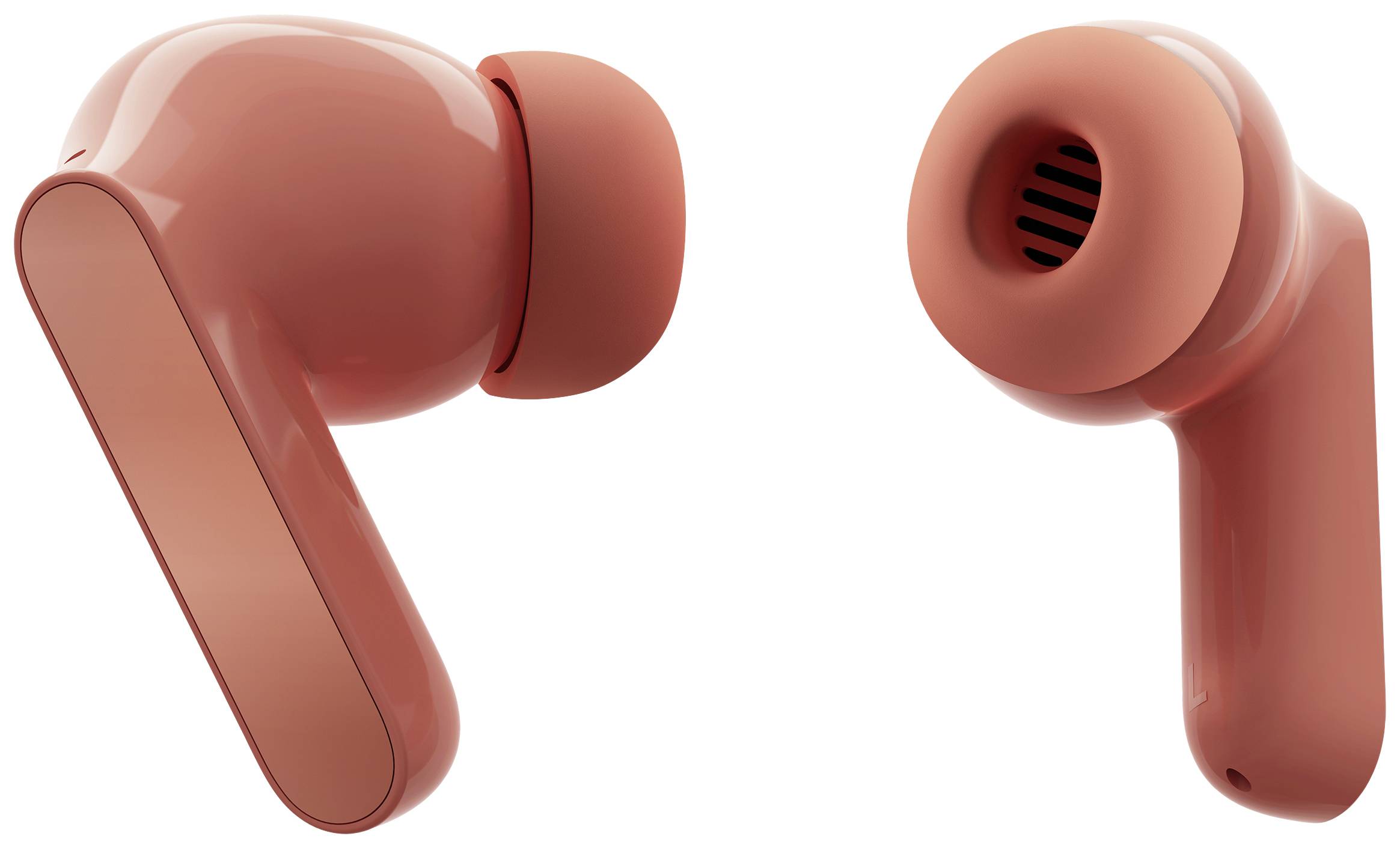 Cuffie in-ear wireless rosse, vista laterale e posteriore, su sfondo bianco. Design compatto con superficie liscia.
