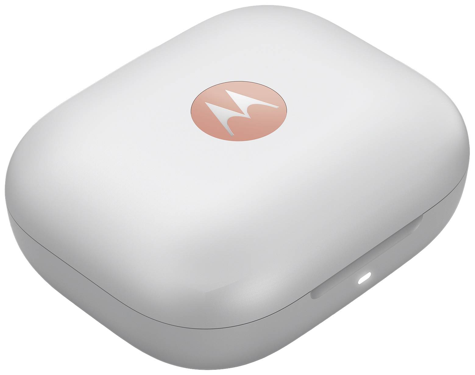 Un elegante astuccio di ricarica bianco, di forma rettangolare con angoli arrotondati e il logo Motorola sulla parte superiore.