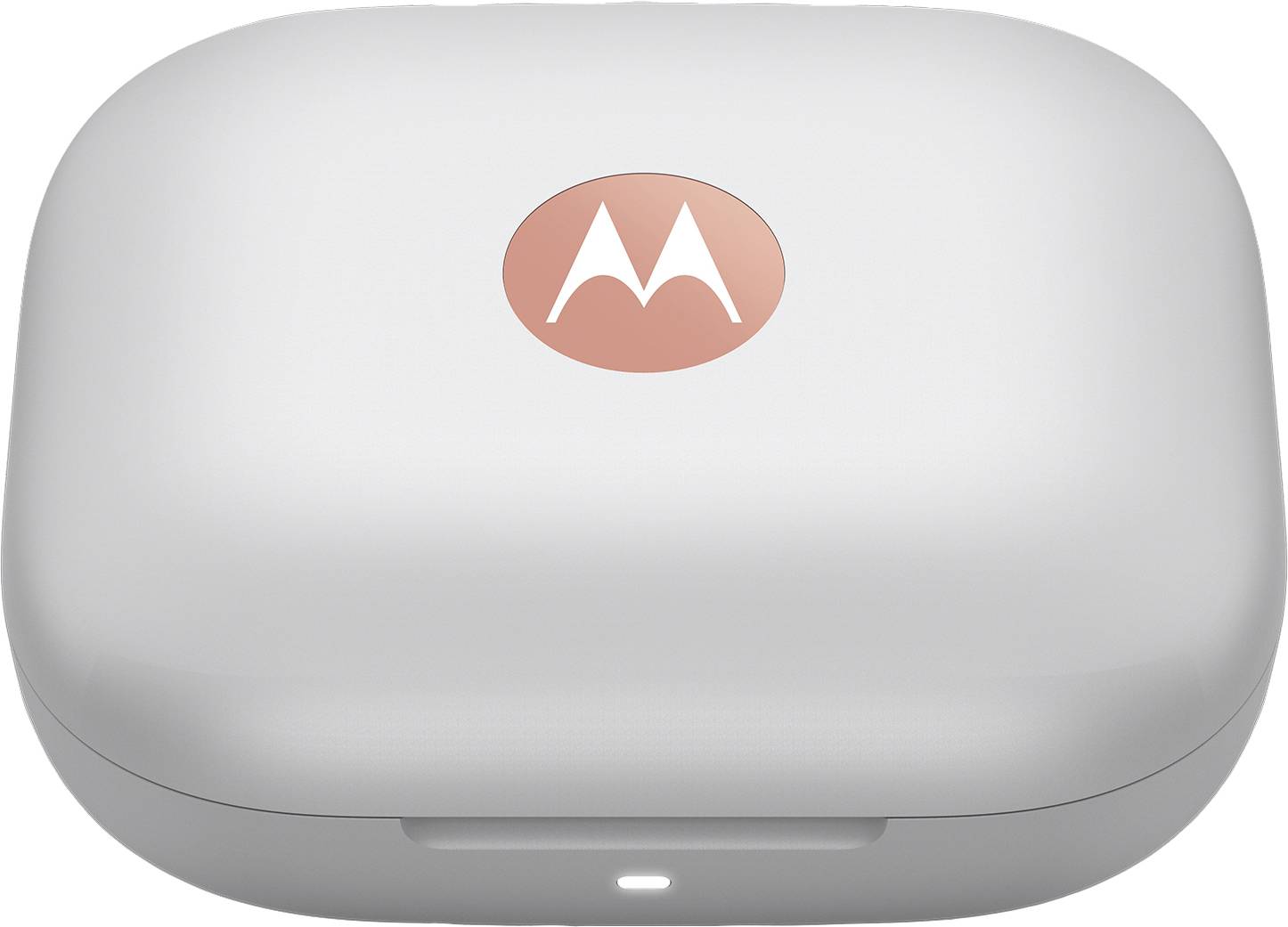Custodia di ricarica bianca, ovale, con il logo Motorola in alto.