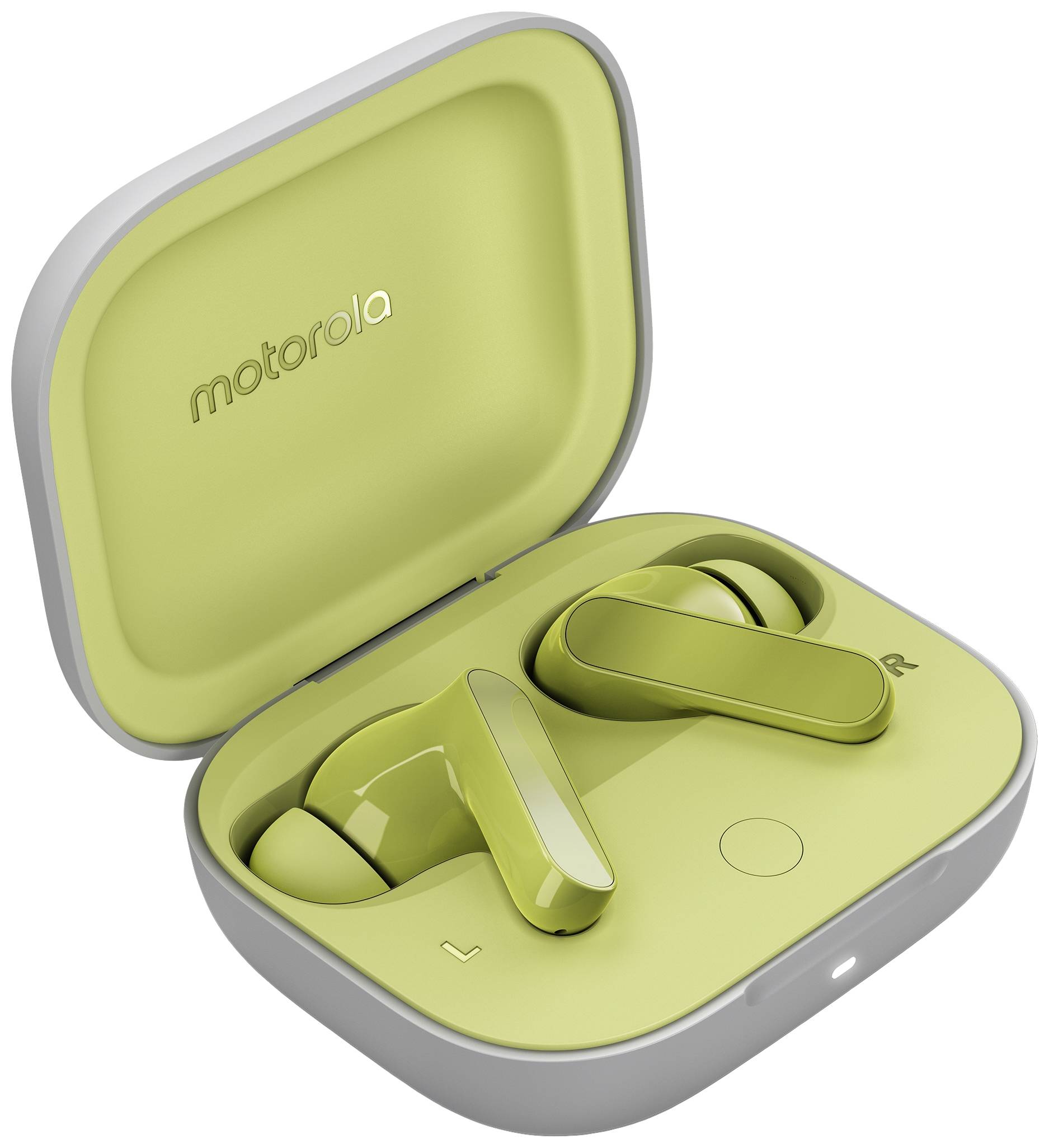 Auricolari wireless gialli di Motorola in un custodia di ricarica aperta, completamente caricati e pronti all'uso.