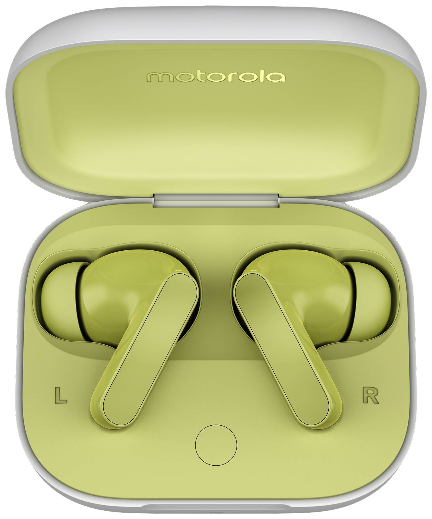 Auricolari wireless gialli in un custodia di ricarica aperta, con il logo 'motorola' e contrassegnati a sinistra e a destra, su uno sfondo chiaro.