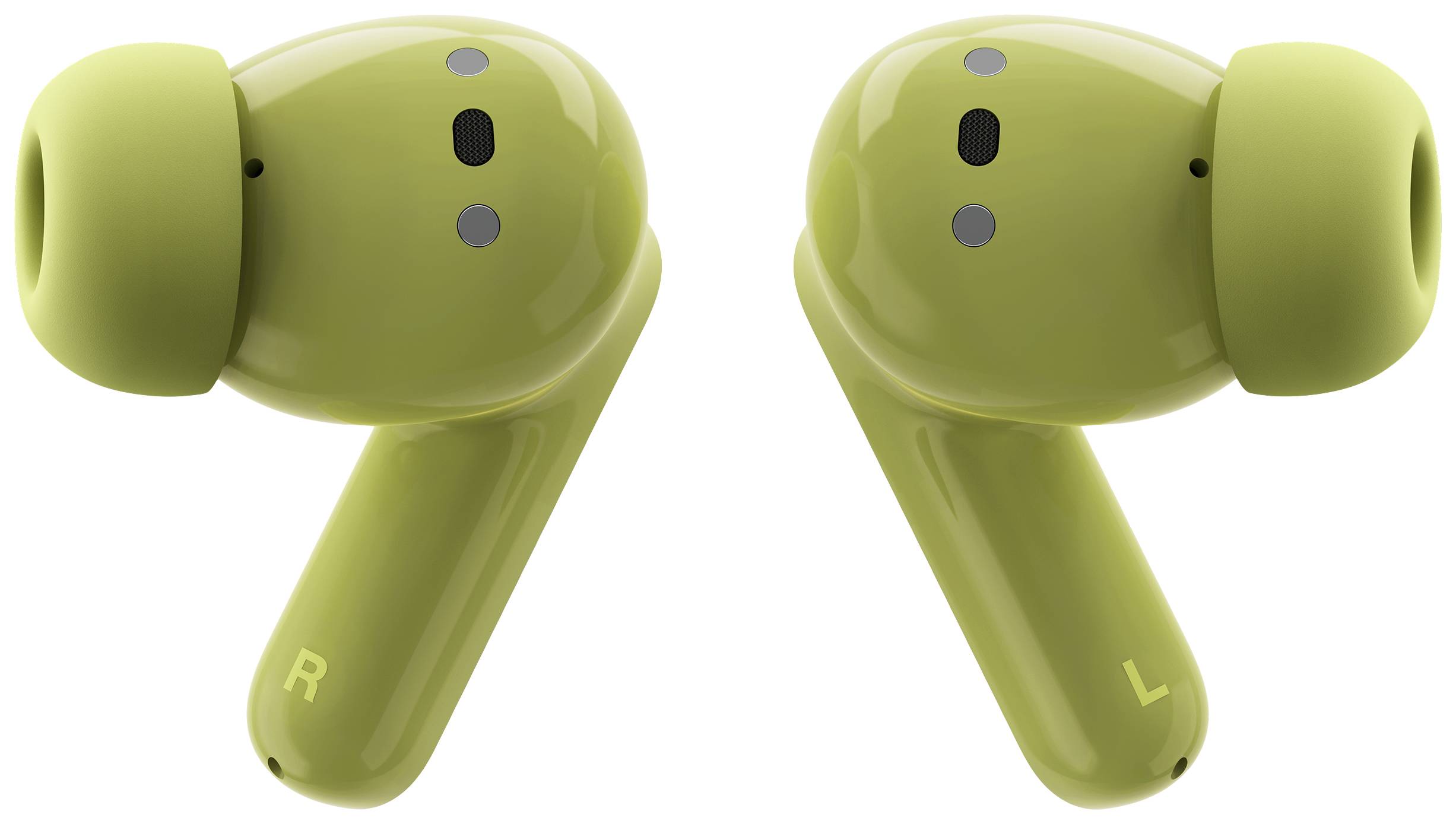 Auricolari wireless verdi, con il pezzo sinistro e destro mostrati. Design moderno, utilizzabili per musica e chiamate.