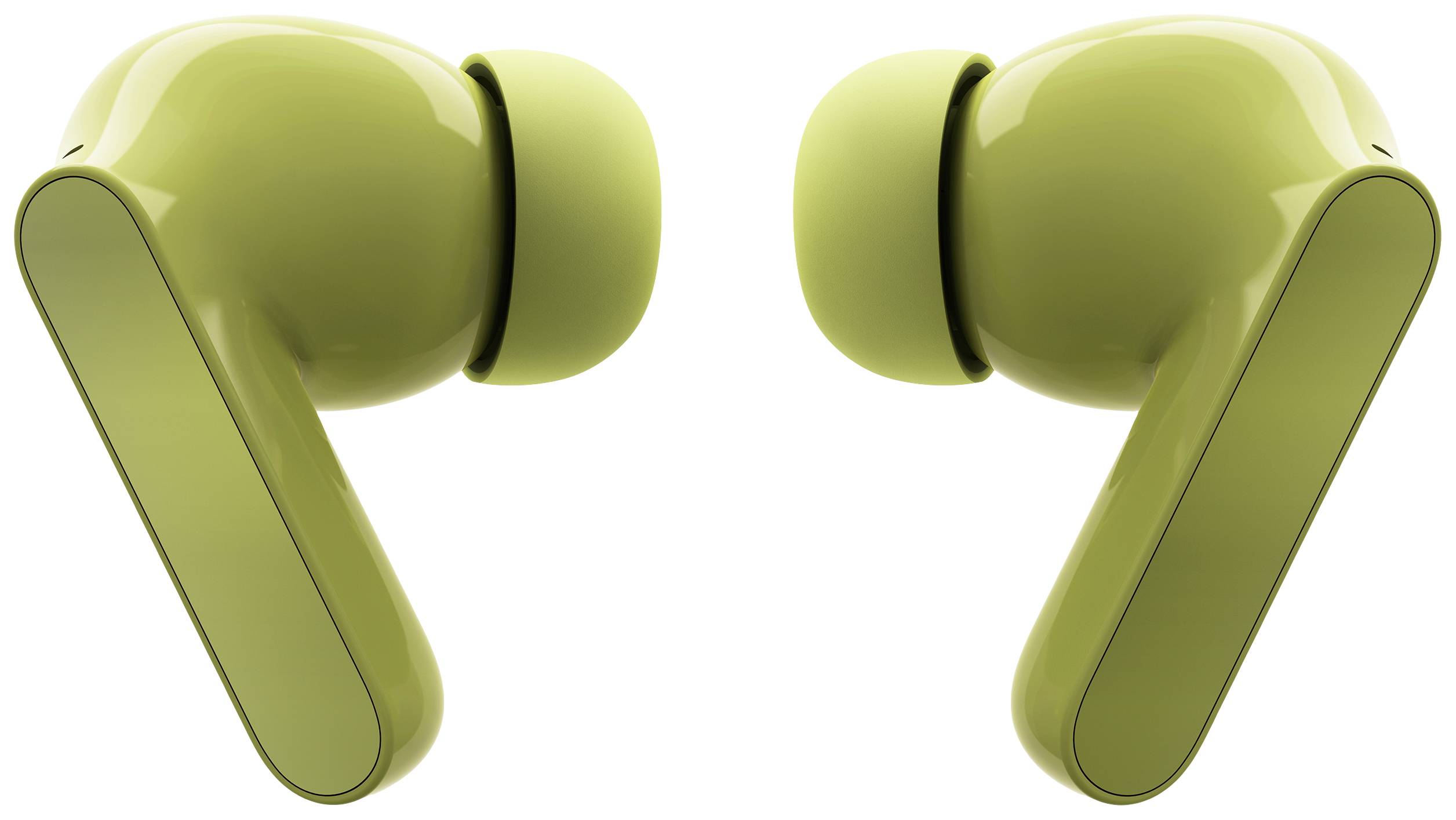 Due auricolari wireless verdi affiancati, mostrati di lato.