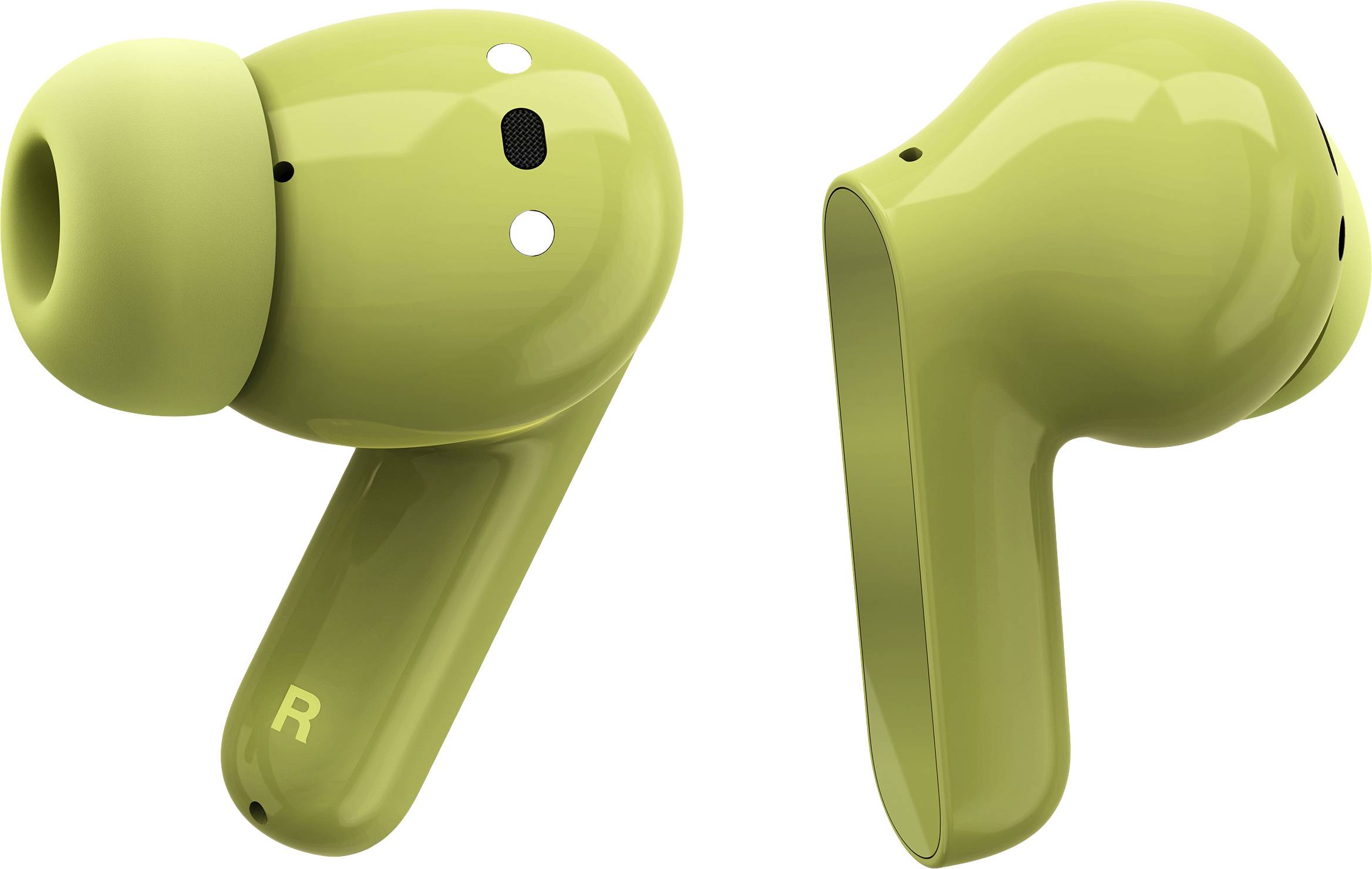 Auricolari wireless verdi in primo piano, vista frontale e laterale, design minimalista.