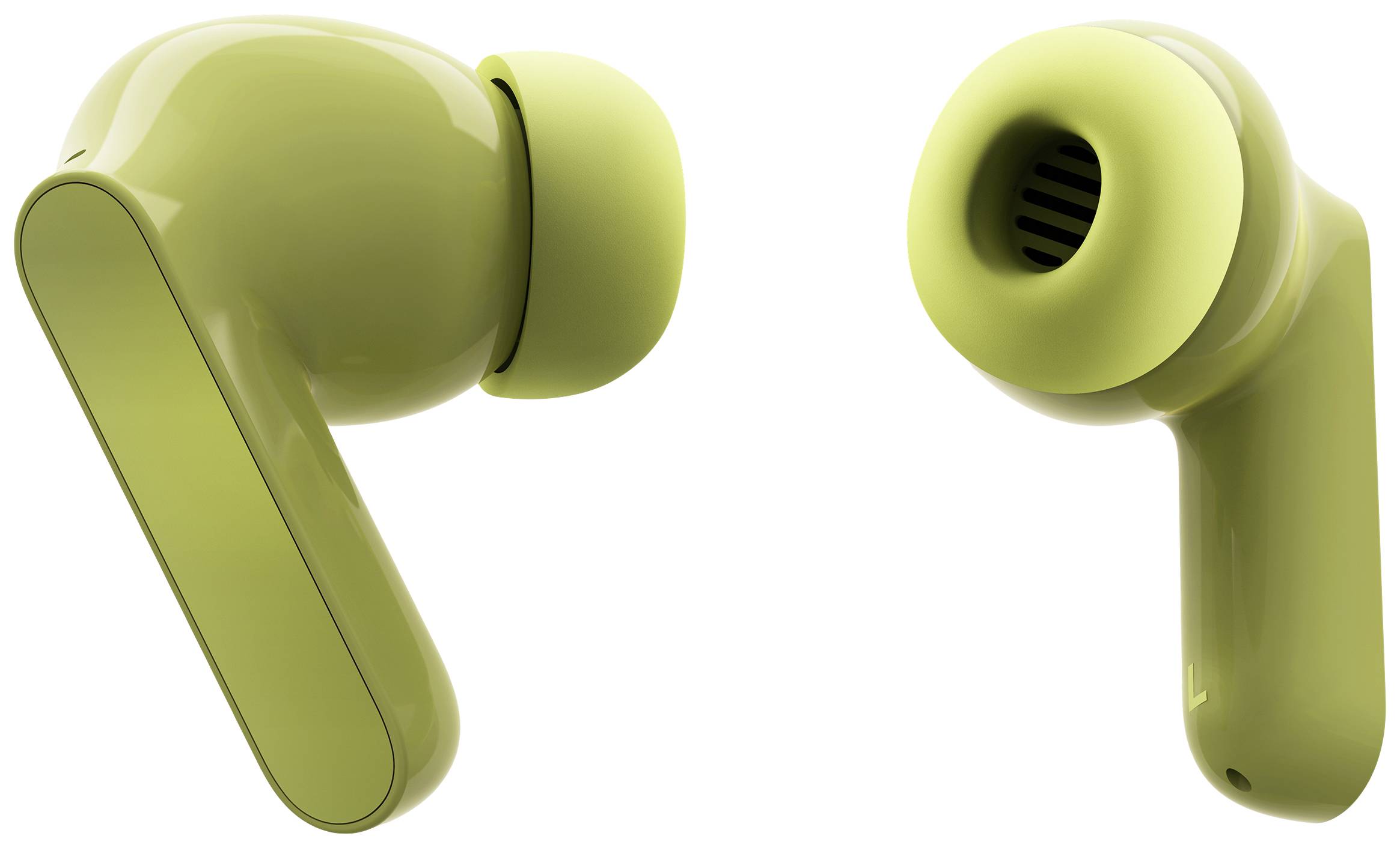 Due auricolari wireless verdi in primo piano. A sinistra è mostrato un profilo laterale, a destra un profilo frontale con vista del padiglione auricolare.