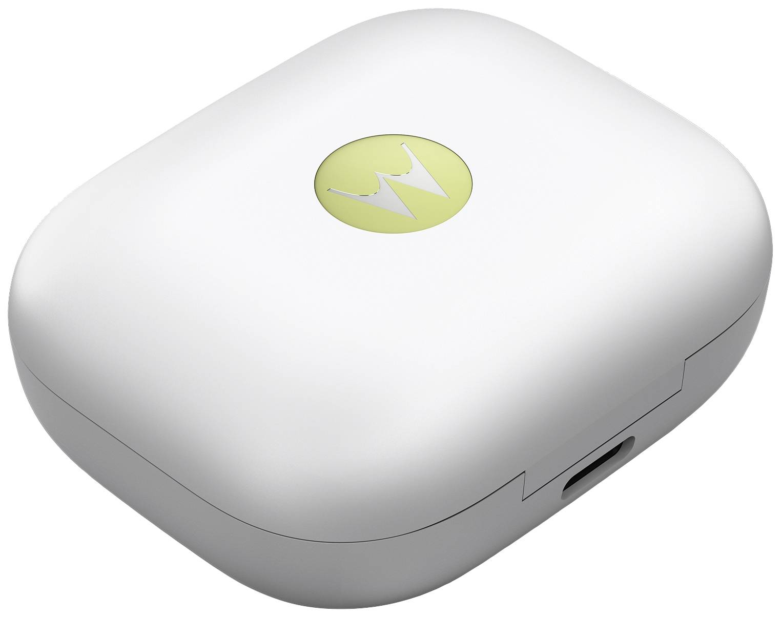 Custodia di ricarica bianca con logo giallo sulla parte superiore e porta USB sul lato, probabilmente per auricolari wireless.