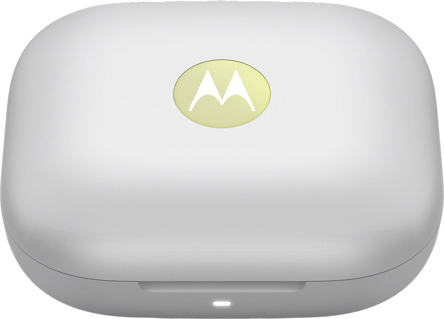 Un astuccio di ricarica bianco, ovale, con un logo Motorola sul coperchio.