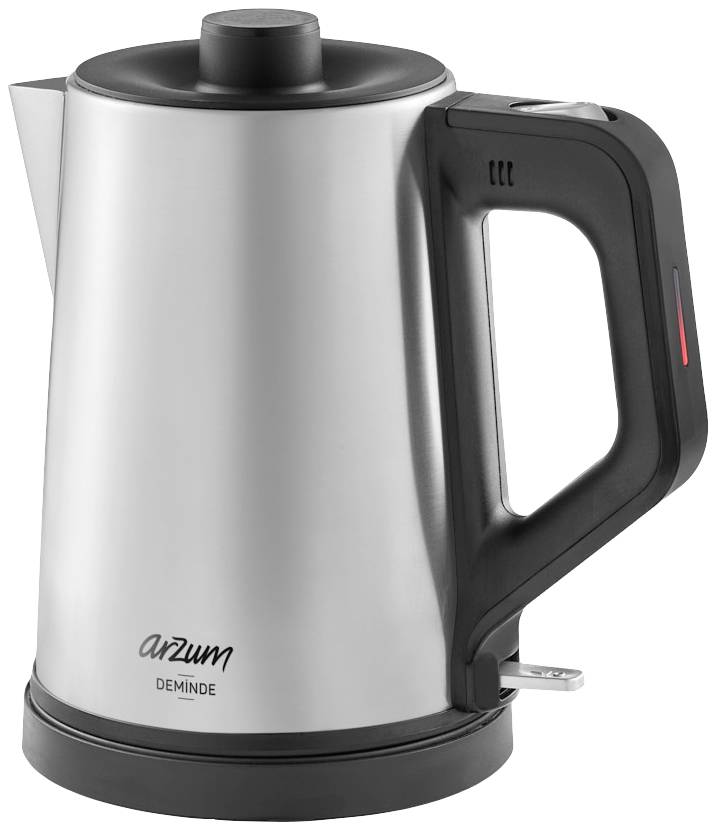 Bollitore argentato con manico e coperchio neri, marca 'Arzum'. Si trova su una base nera e ha un design moderno.