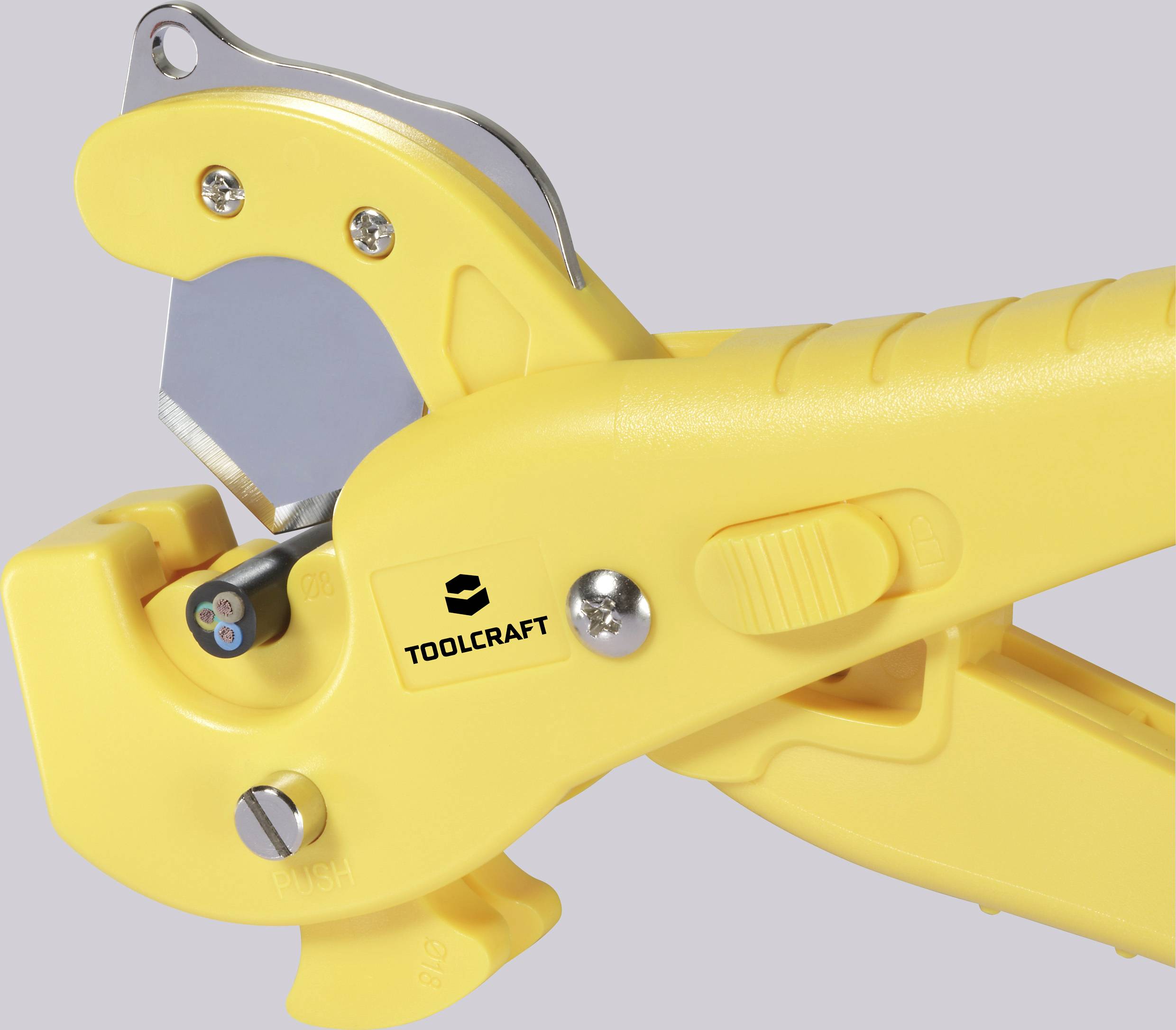 Attrezzo giallo per la spellatura dei cavi del marchio Toolcraft, mostrato in primo piano. Contiene una lama affilata e un meccanismo di regolazione.