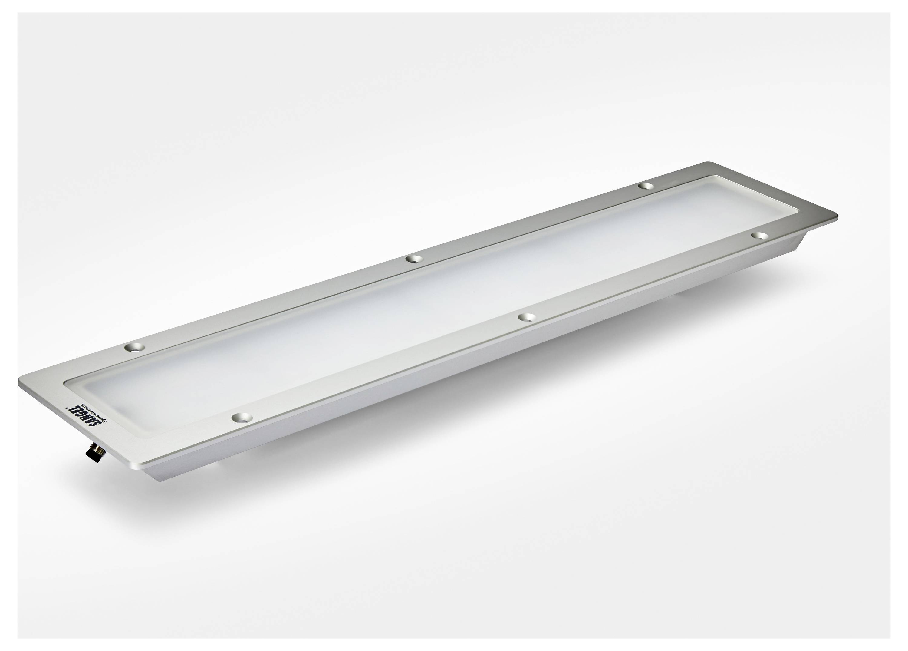 Un pannello luce LED rettangolare con cornice argentata e copertura smerigliata, adatto per interni moderni.