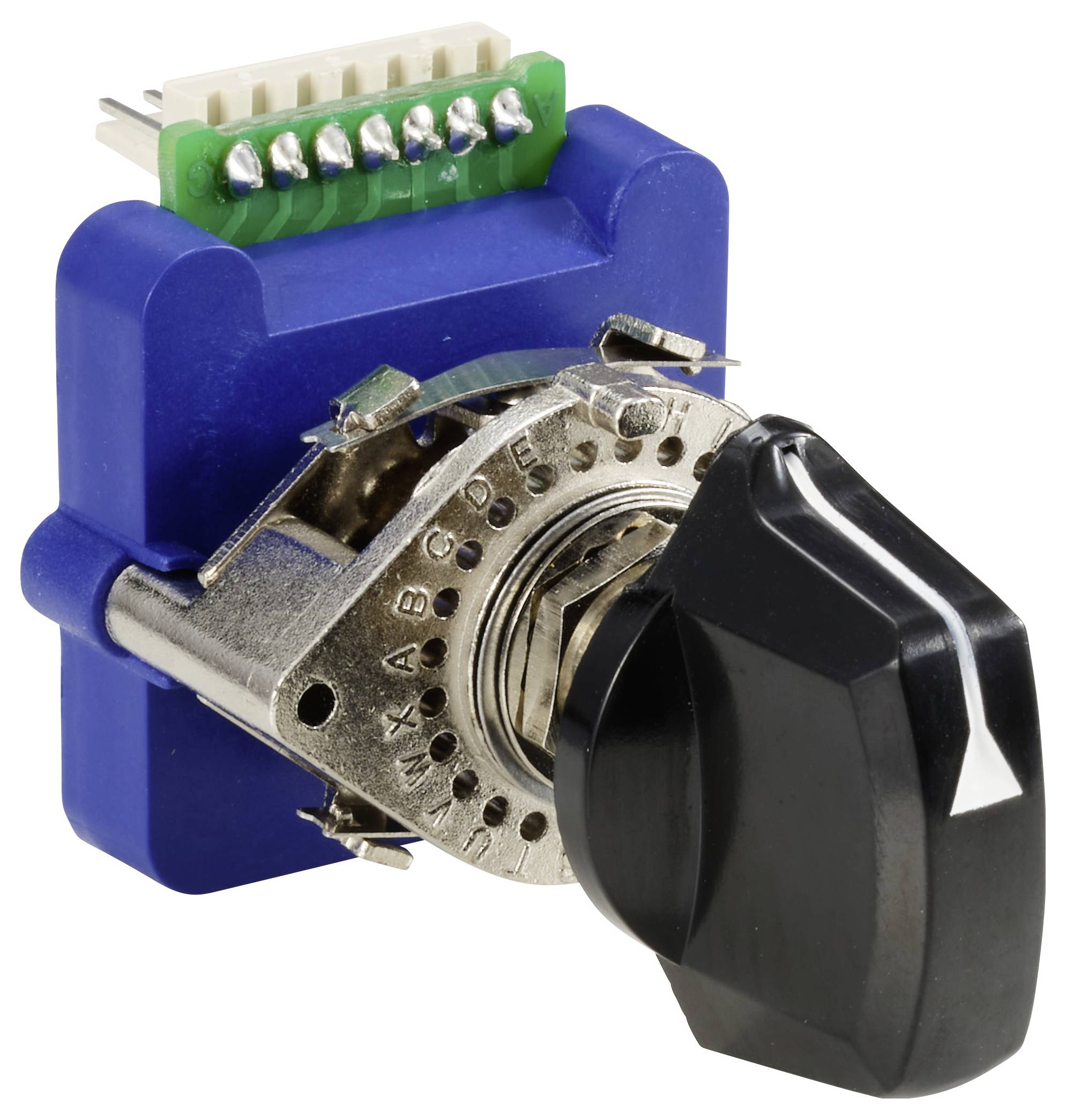 Interruttore a chiave in primo piano con connessione elettrica in alto, circondato da un involucro blu; utilizzato per controllare circuiti elettrici.