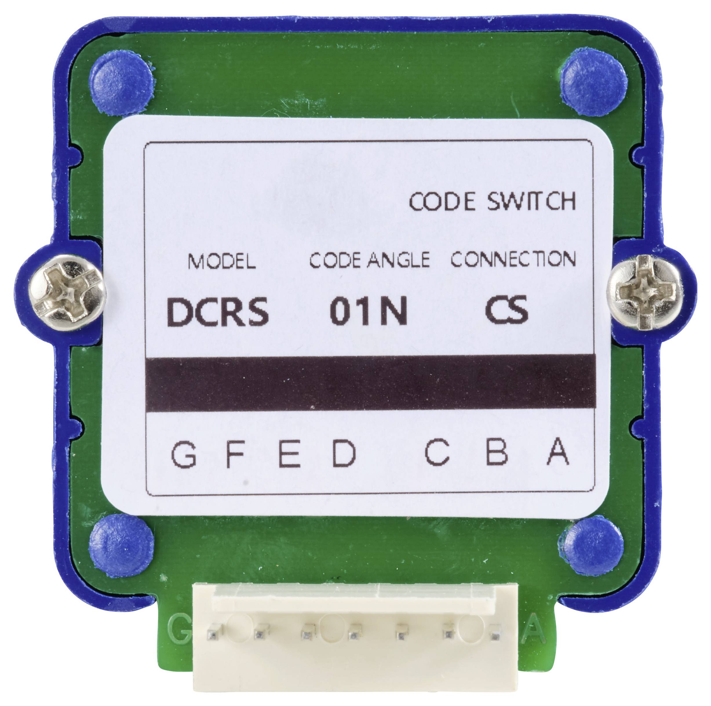 Un componente elettronico rettangolare con scritto 'Model DCRS, Code Angle: 01N, Connessione: CS' e lettere 'GFED CBA'.