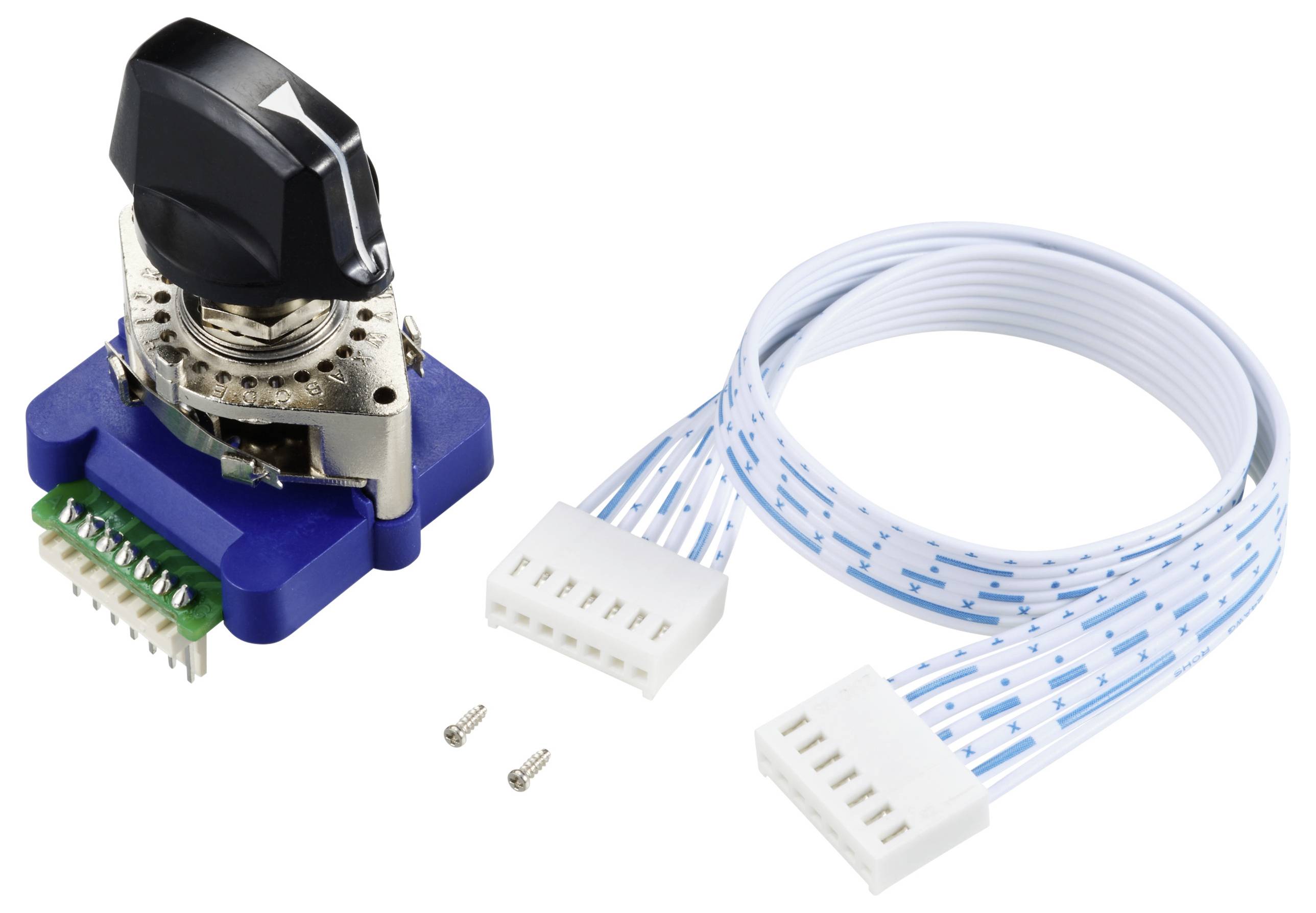 Potenziometro con connessione via cavo e due piccole viti, pronto per il montaggio.