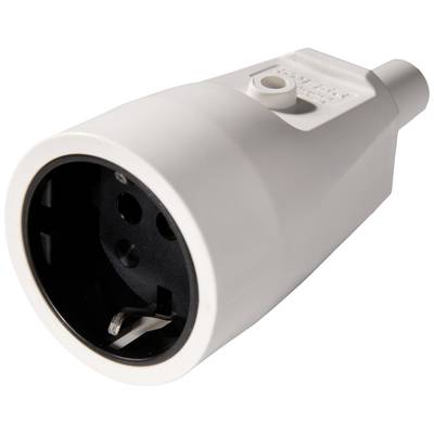 Connettore elettronico bianco con involucro rotondo e due fori per prese elettriche standard europee.