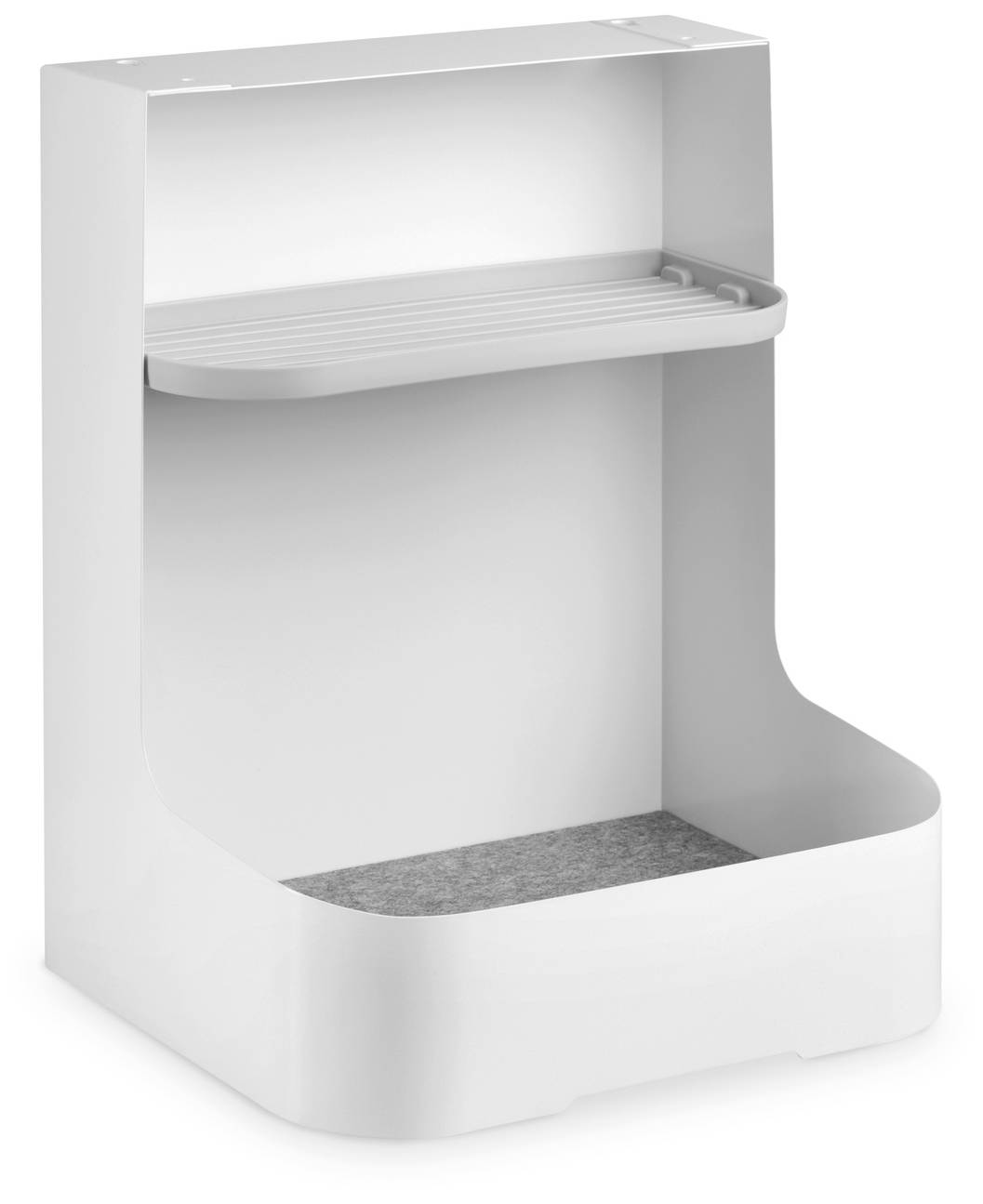 Un organizer bianco indipendente a due livelli. Un ripiano con superficie zigrinata nella parte superiore, una piattaforma piatta in basso. Adatto per cucina o bagno.