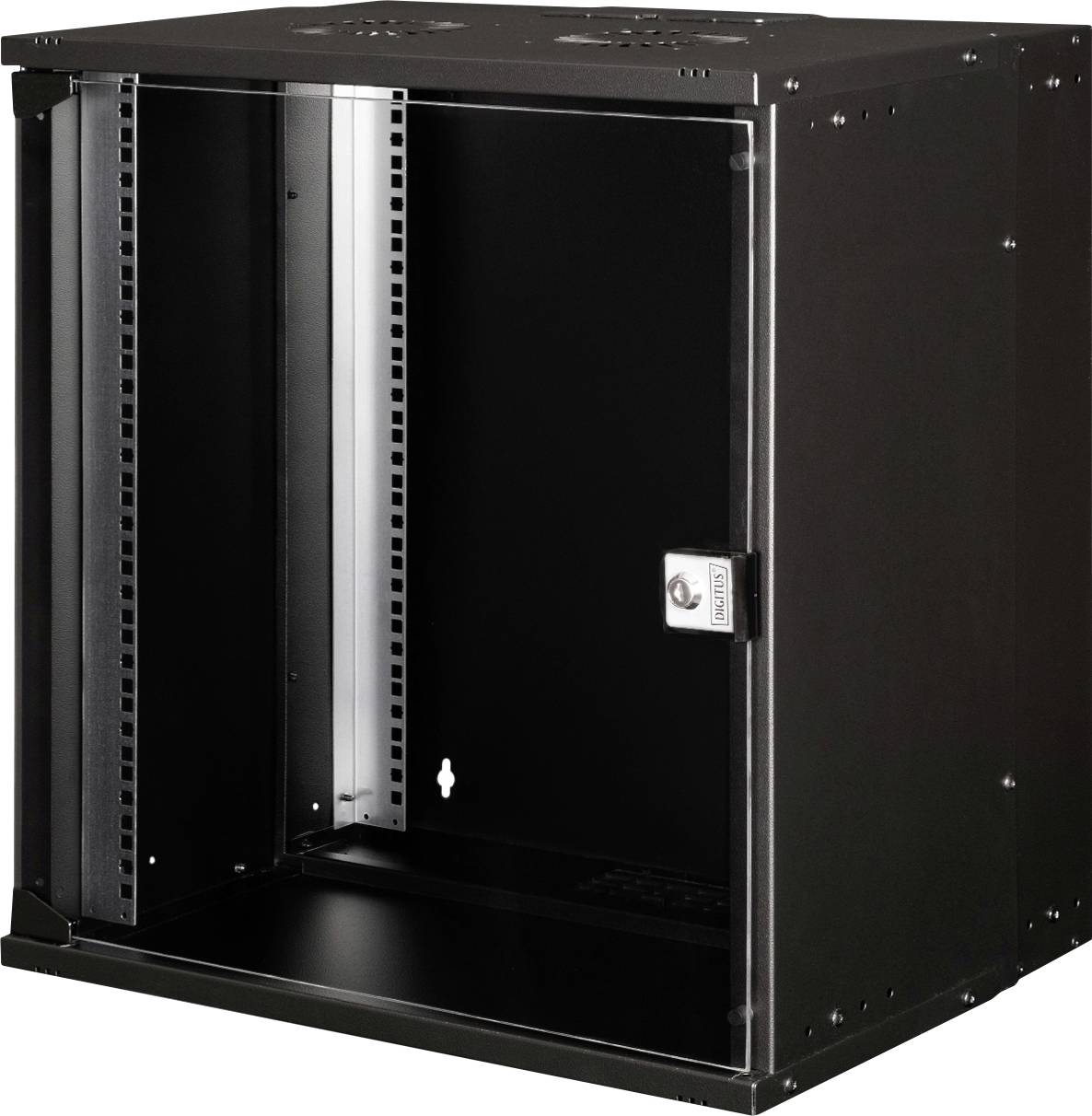 Armadio di rete nero da parete con porta in vetro, aperto lateralmente, idoneo per la conservazione di apparecchiature di rete in uffici.