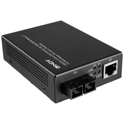 Un convertitore di media nero con porta Ethernet e porta ottica. Nome del marchio e LED di stato sono visibili sulla parte superiore.