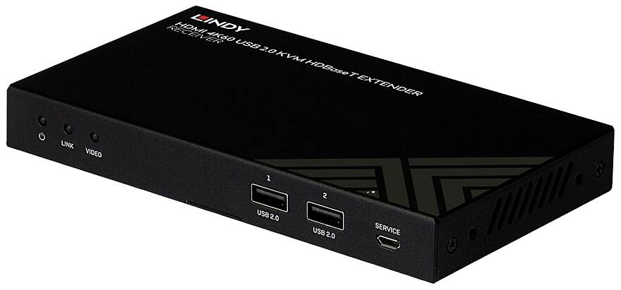 Estensore KVM nero Lindy con porte USB 2.0 e connessione HDMI, idoneo per l'estensione di connessioni video e dati.