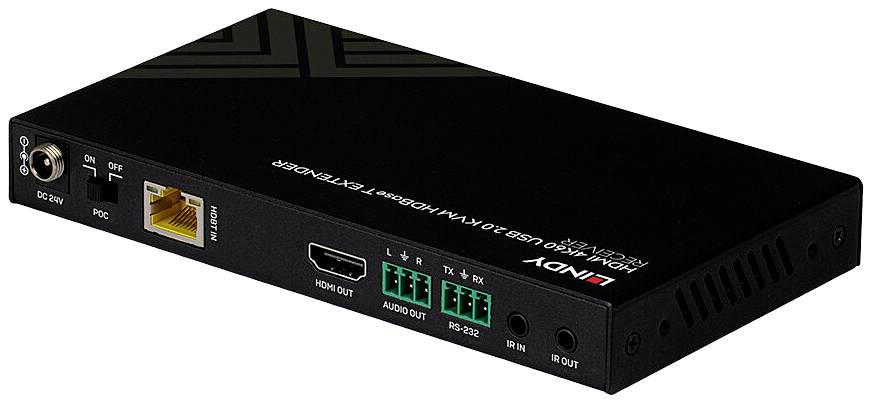 Dispositivo di rete nero con uscita HDMI, jack audio e porta Ethernet sul lato frontale, idoneo per la trasmissione audio e video.