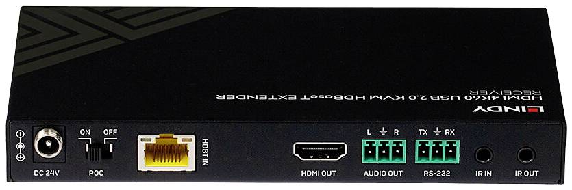 Dispositivo ricevente con connettori: Rete, HDMI, Audio, RS-232, IR. Interruttore di alimentazione e spie di controllo presenti.