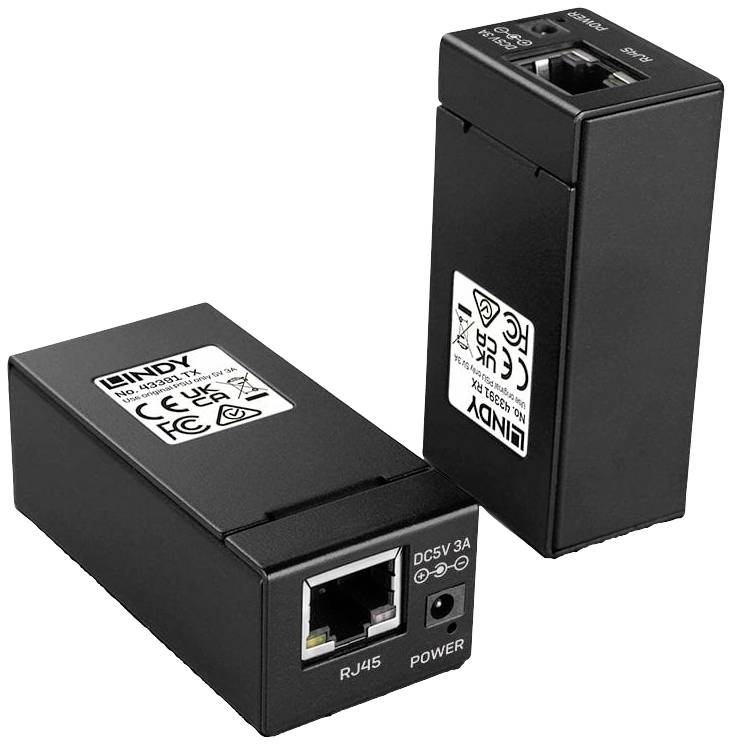 Due adattatori di rete neri Lindy con porte RJ45 e alimentatori. Sono progettati per l'alimentazione di dispositivi di rete.