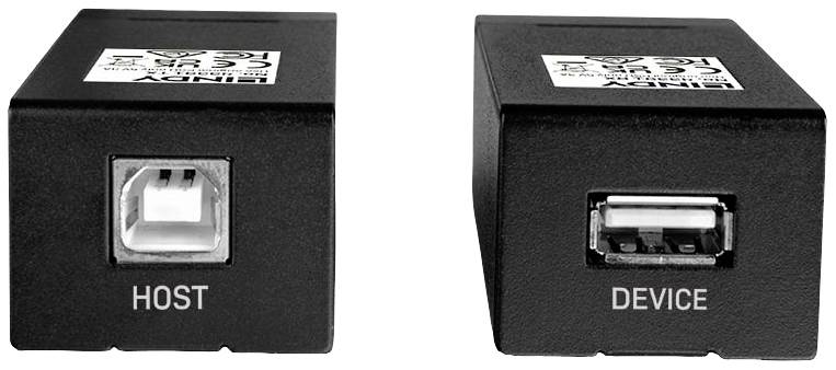 Un dispositivo nero con due porte USB. La porta di sinistra è etichettata come 'HOST', quella di destra come 'DEVICE'.