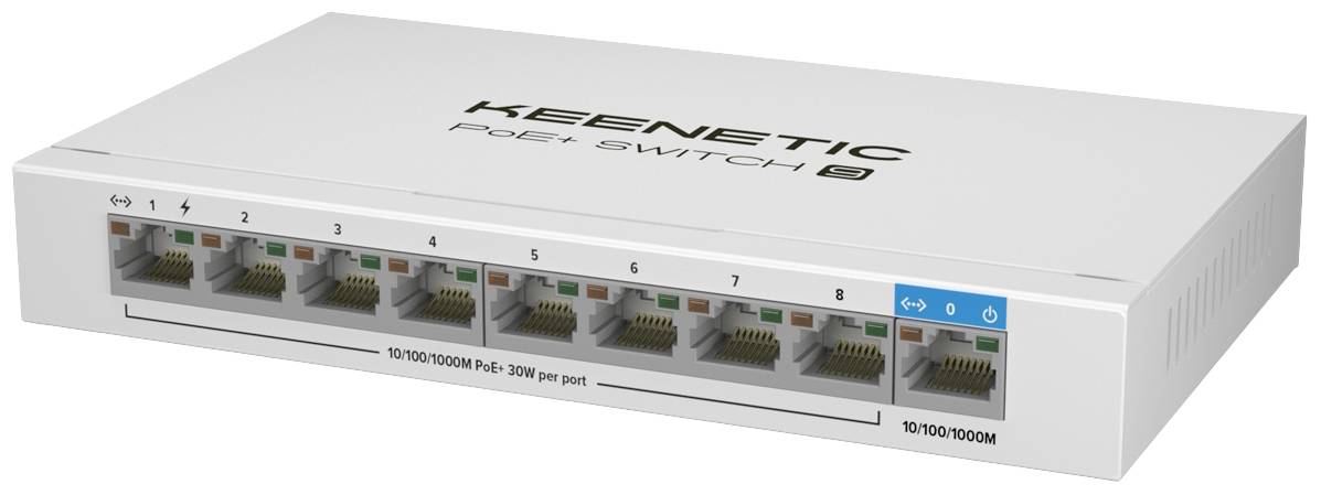 Un switch PoE bianco con otto porte Ethernet, contrassegnate da 1 a 8. Il marchio è Keenetic. Tutte le porte sono compatibili con 10/100/1000 Mbit/s.