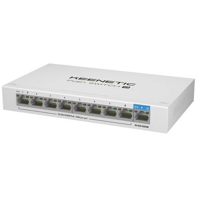 Un switch PoE bianco con otto porte Ethernet, contrassegnate da 1 a 8. Il marchio è Keenetic. Tutte le porte sono compatibili con 10/100/1000 Mbit/s.