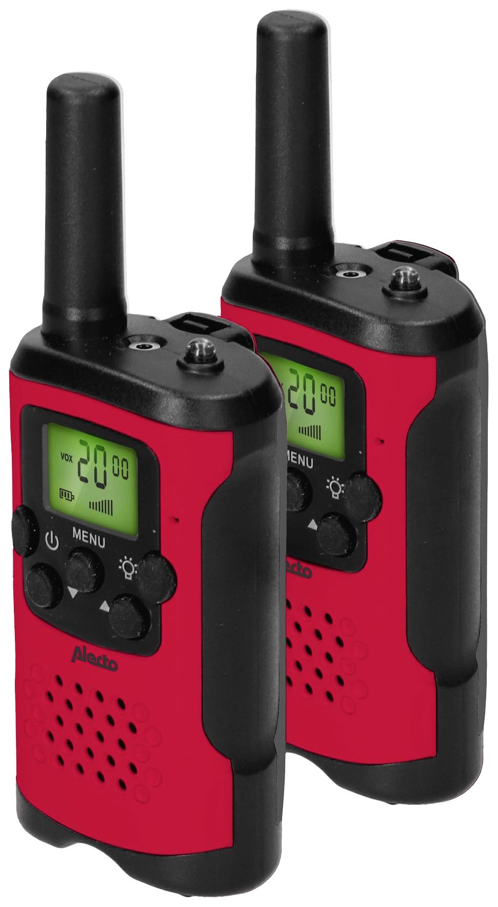 Due walkie-talkie rossi con bordo nero. Ciascuno ha un ricevitore a forma di antenna, un display verde e diversi pulsanti.