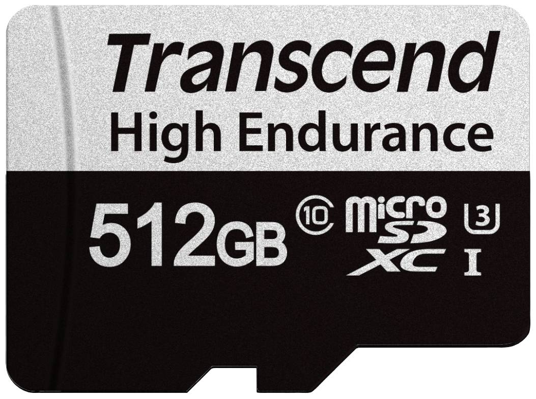 'Transcend High Endurance' scheda microSDXC da 512GB con loghi delle classi di velocità e UHS-I.
