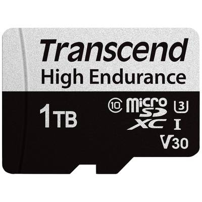 Scheda microSD Transcend da 1 TB di capacità, adatta a utilizzi intensivi, mostra i loghi delle classi di velocità.