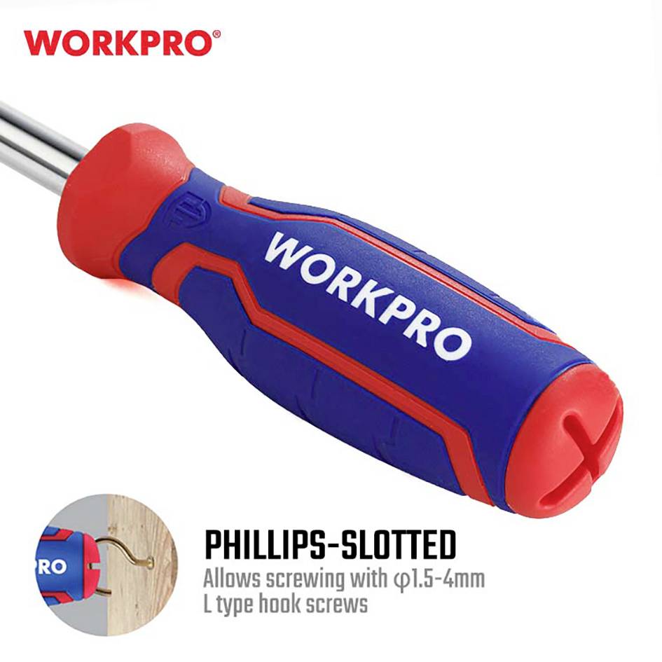 Cacciavite blu e rosso con la scritta 'WORKPRO'. Adatti per viti a croce Phillips, per avvitare ganci a L di diametro 1,5-4 mm.