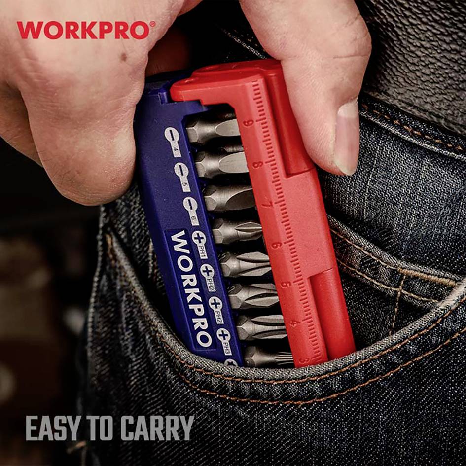 Set 'WORKPRO' con bit e righello in una borsa, con scritta 'FACILE DA TRASPORTARE'.