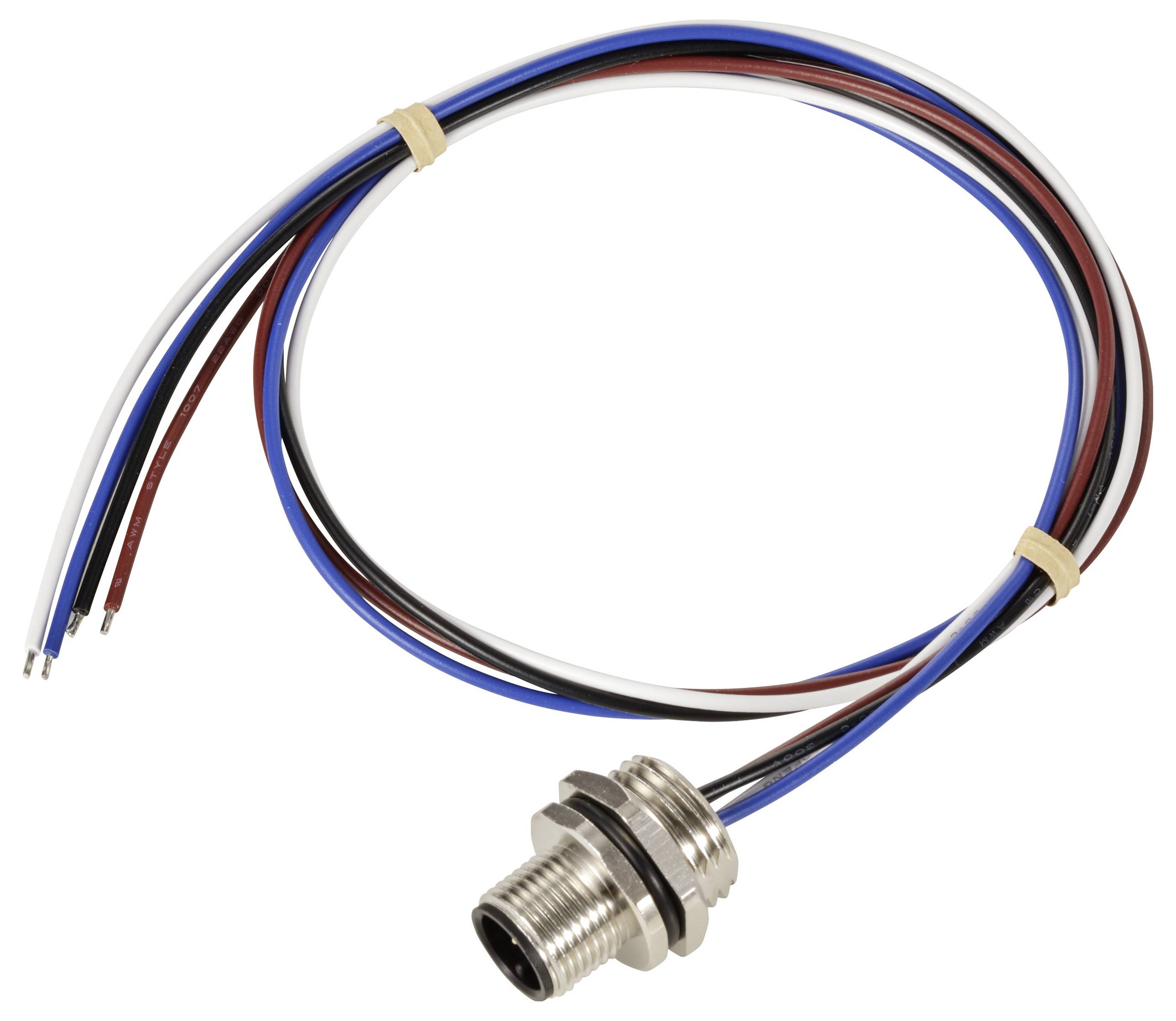 Connettore circolare con quattro cavi colorati (rosso, blu, nero, bianco), interno in metallo, esterno in plastica, con fissaggio.