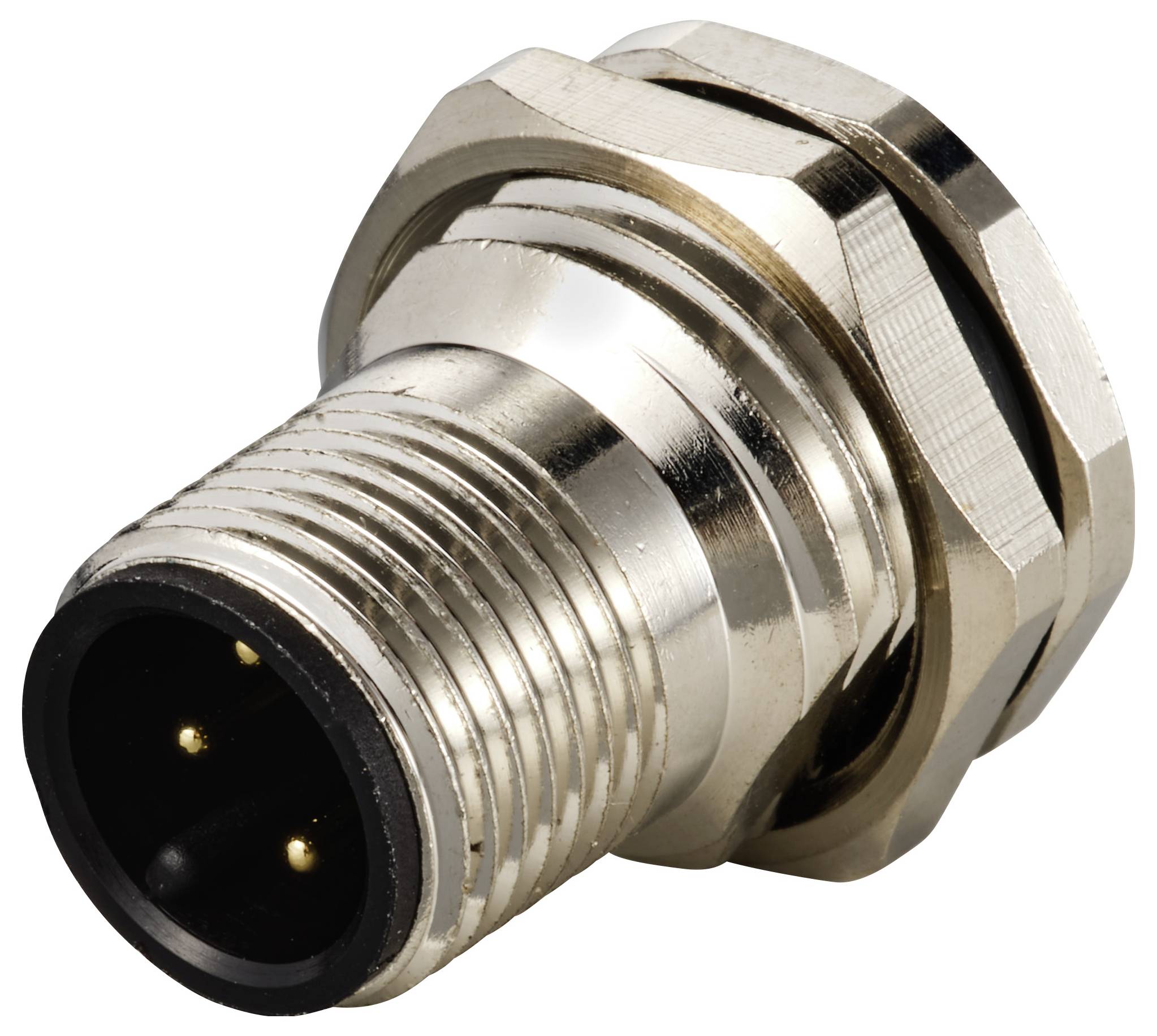 Connettore circolare metallico multispillo, idoneo per applicazioni industriali e connessioni elettriche robuste.