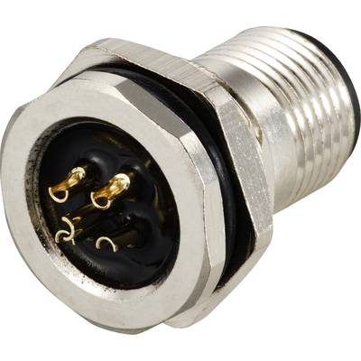 Un connettore cilindrico d'argento con tre pin dorati e un anello interno nero, adatto per connessioni elettroniche.