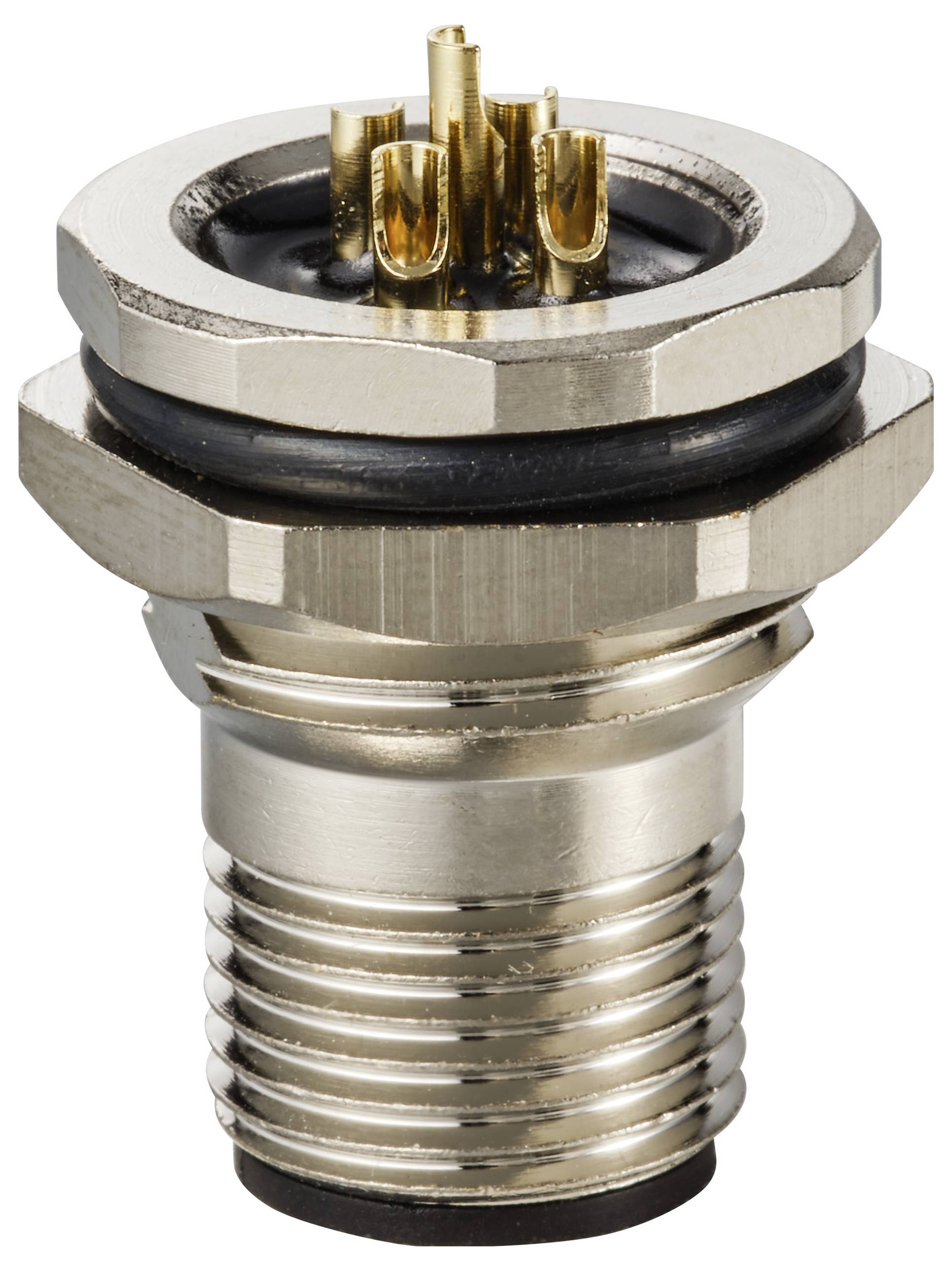 Un connettore metallico filettato con più pin dorati, idoneo per dispositivi elettronici o applicazioni industriali.