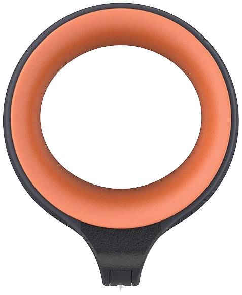 Dispositivo rotondo di colore arancione con un manico nella parte inferiore. Principalmente circolare con un bordo di un colore diverso.